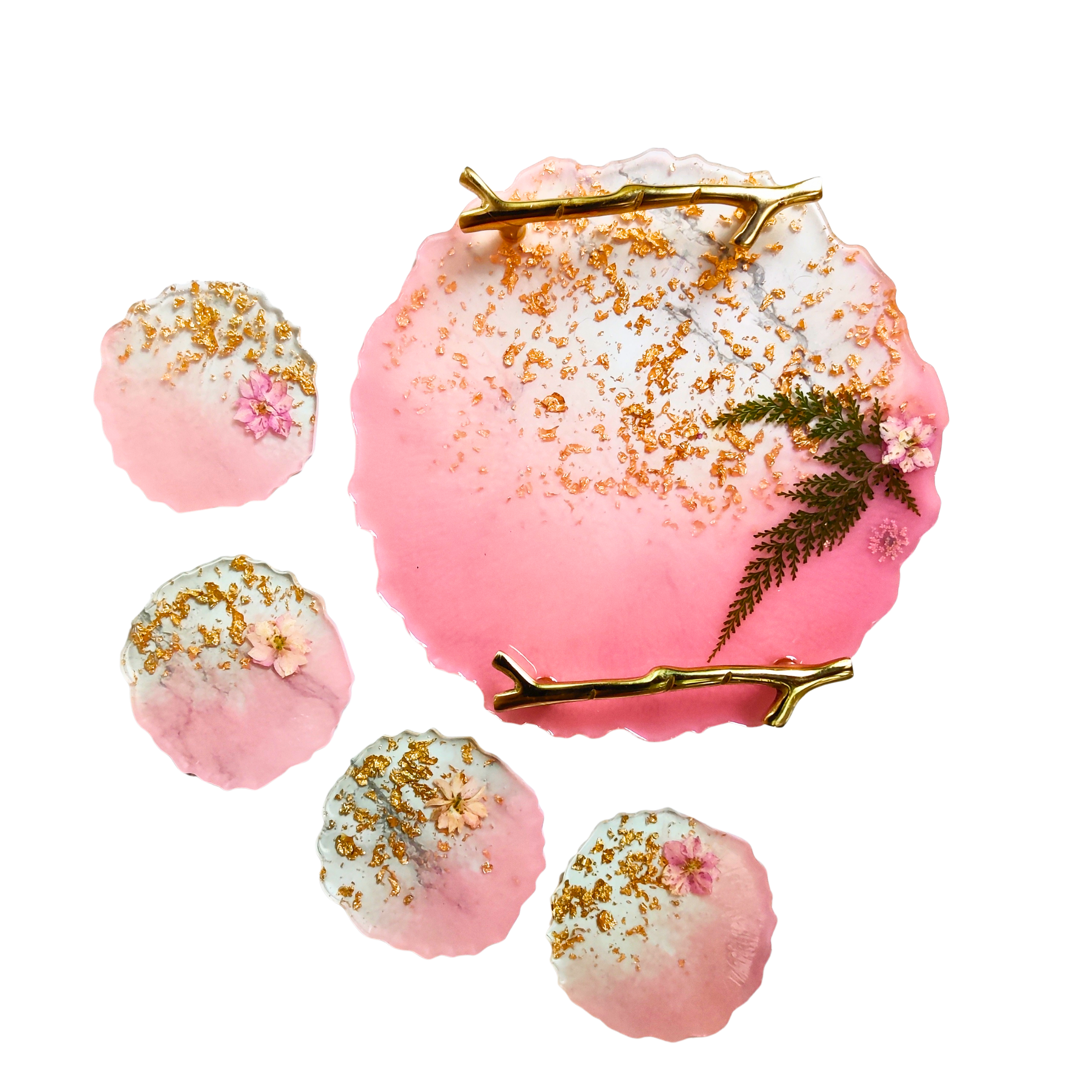 Pink Ombre Resin Tray & Coaster Set with Gold Flake & Botanical Accents (5 Pcs)
