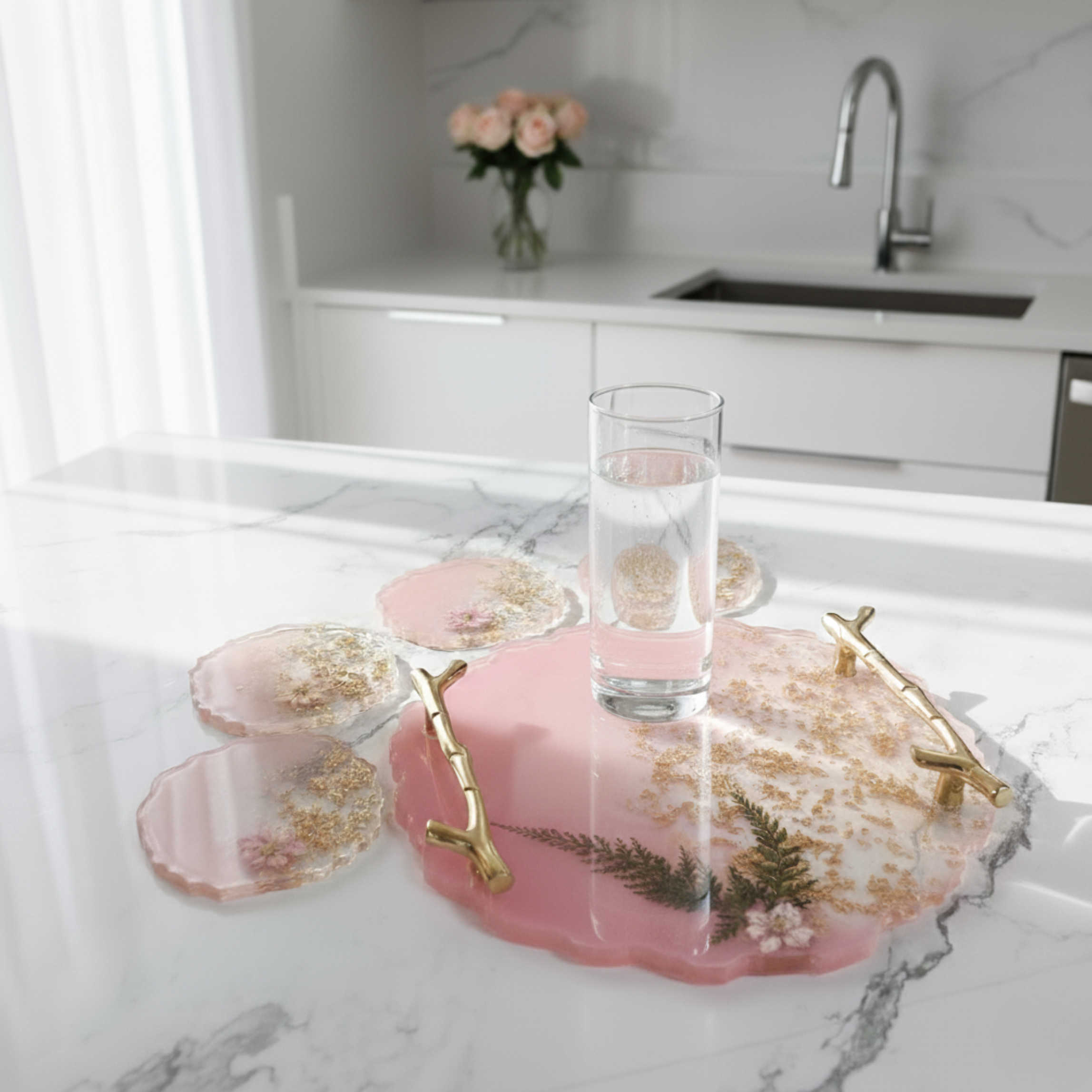 Pink Ombre Resin Tray & Coaster Set with Gold Flake & Botanical Accents (5 Pcs)