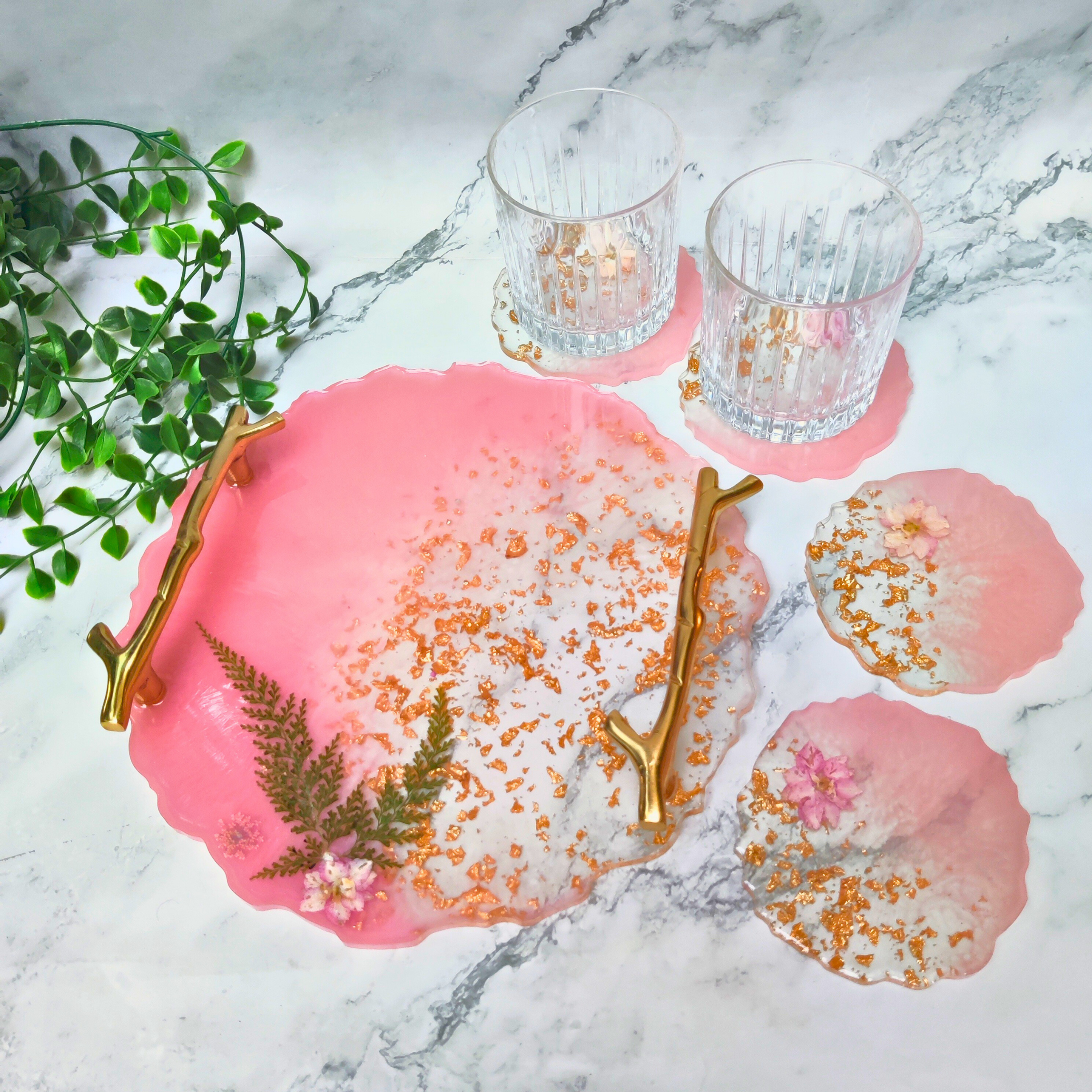 Pink Ombre Resin Tray & Coaster Set with Gold Flake & Botanical Accents (5 Pcs)