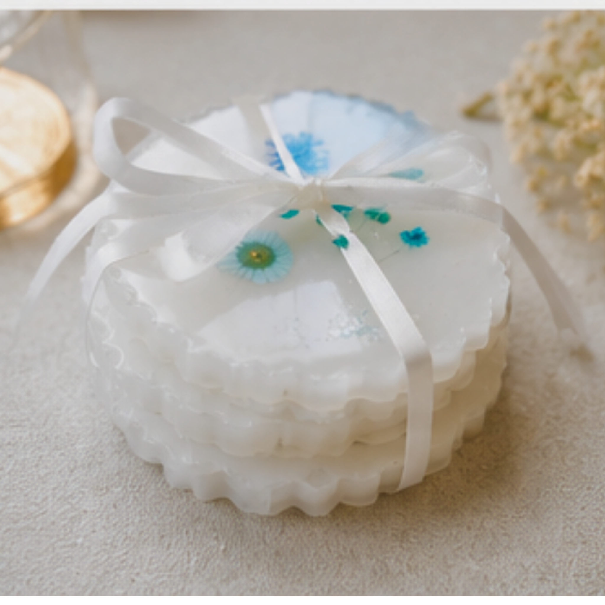 Elegant Pressed Flower & White Resin Coaster Set (4-Piece)