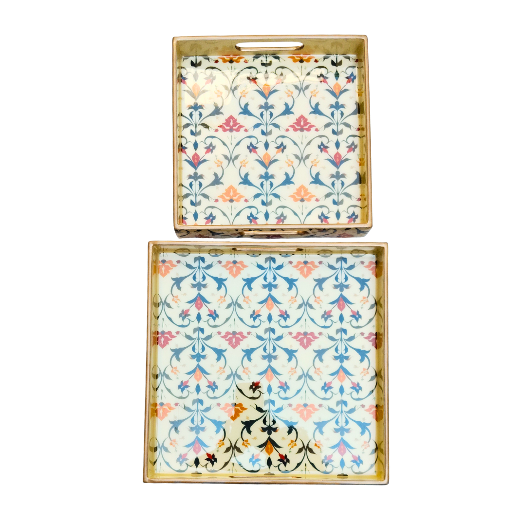 Premium Floral Square Serving Tray Set (Set of 2) | Decorative Multipurpose Trays with Gloss Finish | Tea, Snacks & Home Decor