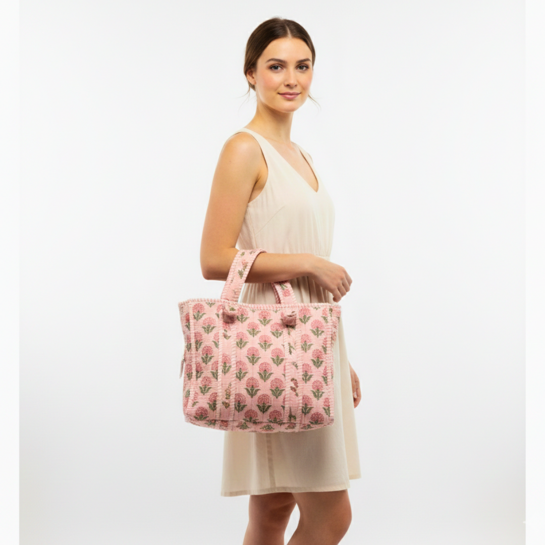 Quilted Pink Floral Cotton Airport Tote Bag
