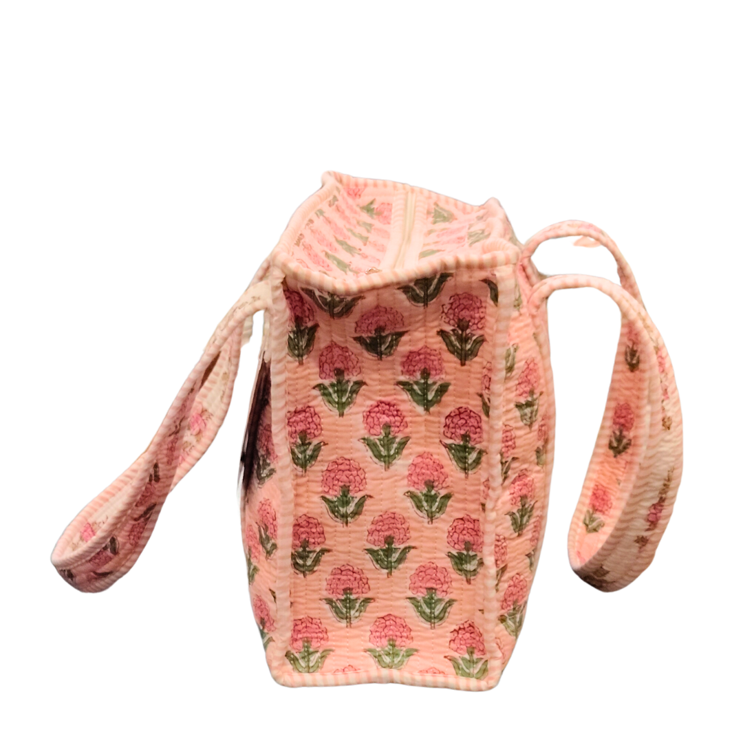 Quilted Pink Floral Cotton Airport Tote Bag
