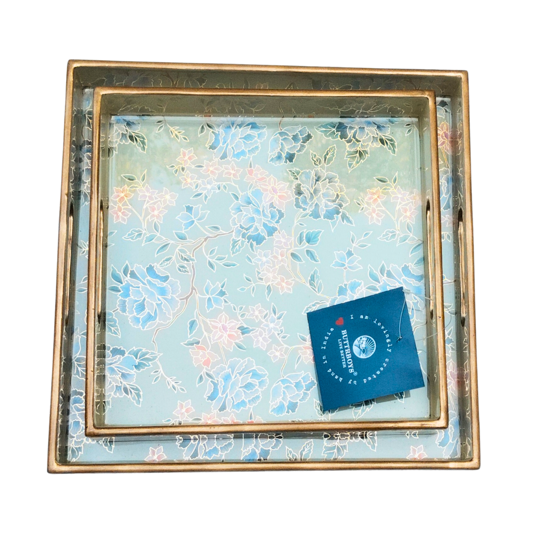 Handcrafted Floral Nested Trays – Set of 2 (Blue & Gold)