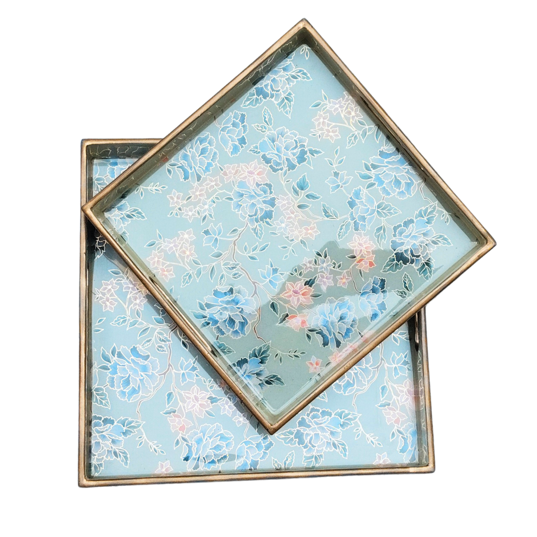 Handcrafted Floral Nested Trays – Set of 2 (Blue & Gold)
