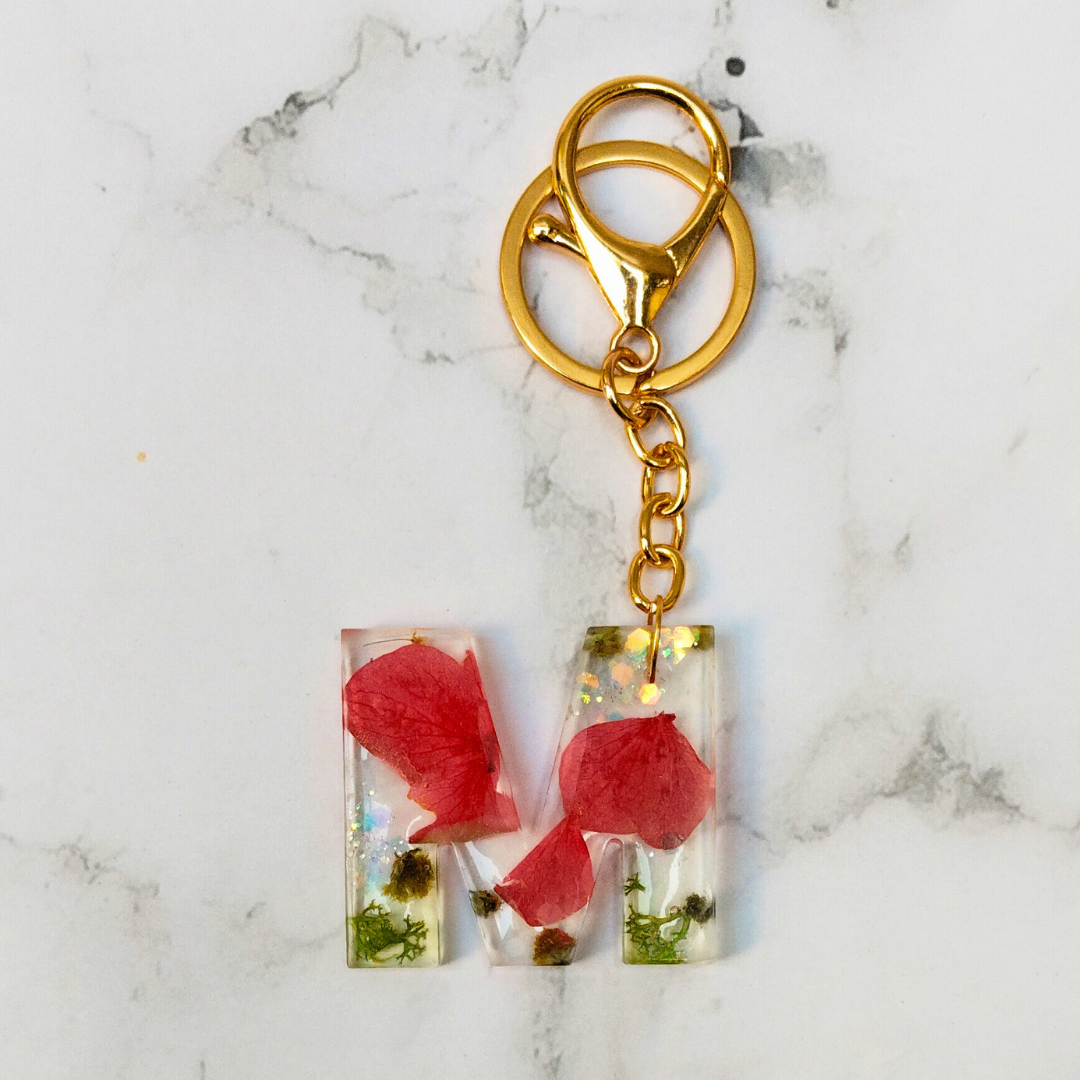 Resin Alphabet M Keychain – Handmade Red Floral Bag Charm