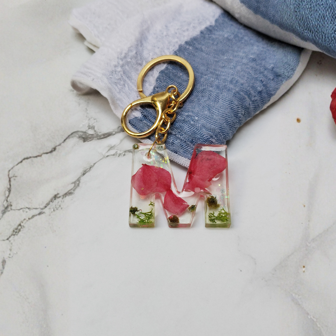 Resin Alphabet M Keychain – Handmade Red Floral Bag Charm