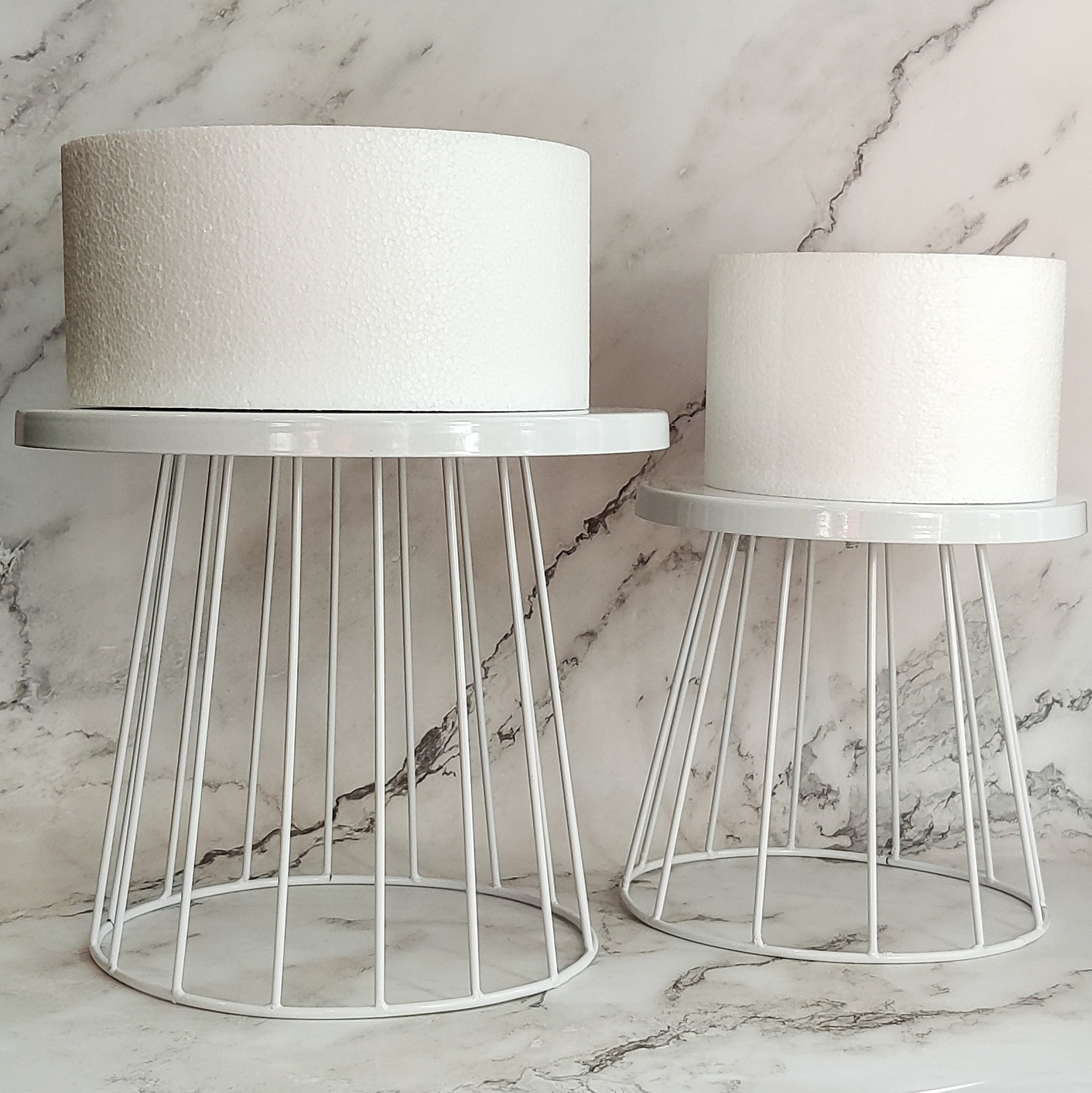 METAL SEAT SKIRT CAKE STAND WHITE SET OF TWO