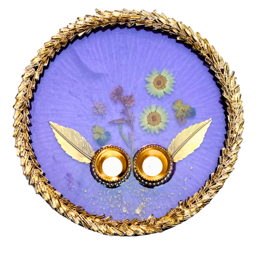 Handcrafted Premium Purple  Pooja Thali with Gold Leaf Border & Tea Light Holders