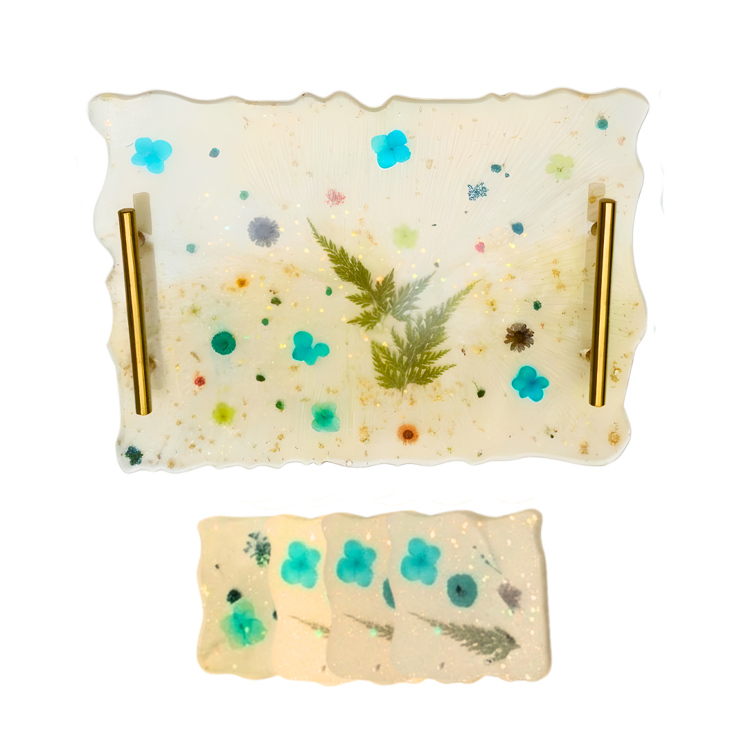 Handcrafted Serving Tray with Floral Coasters