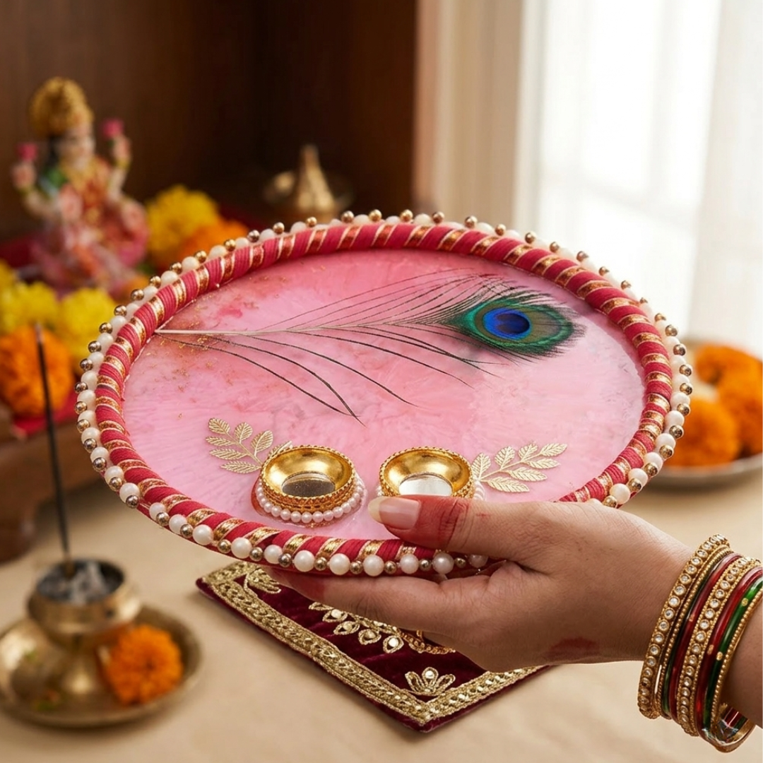 Handcrafted Artisan Pink Peacock Devotional Thali