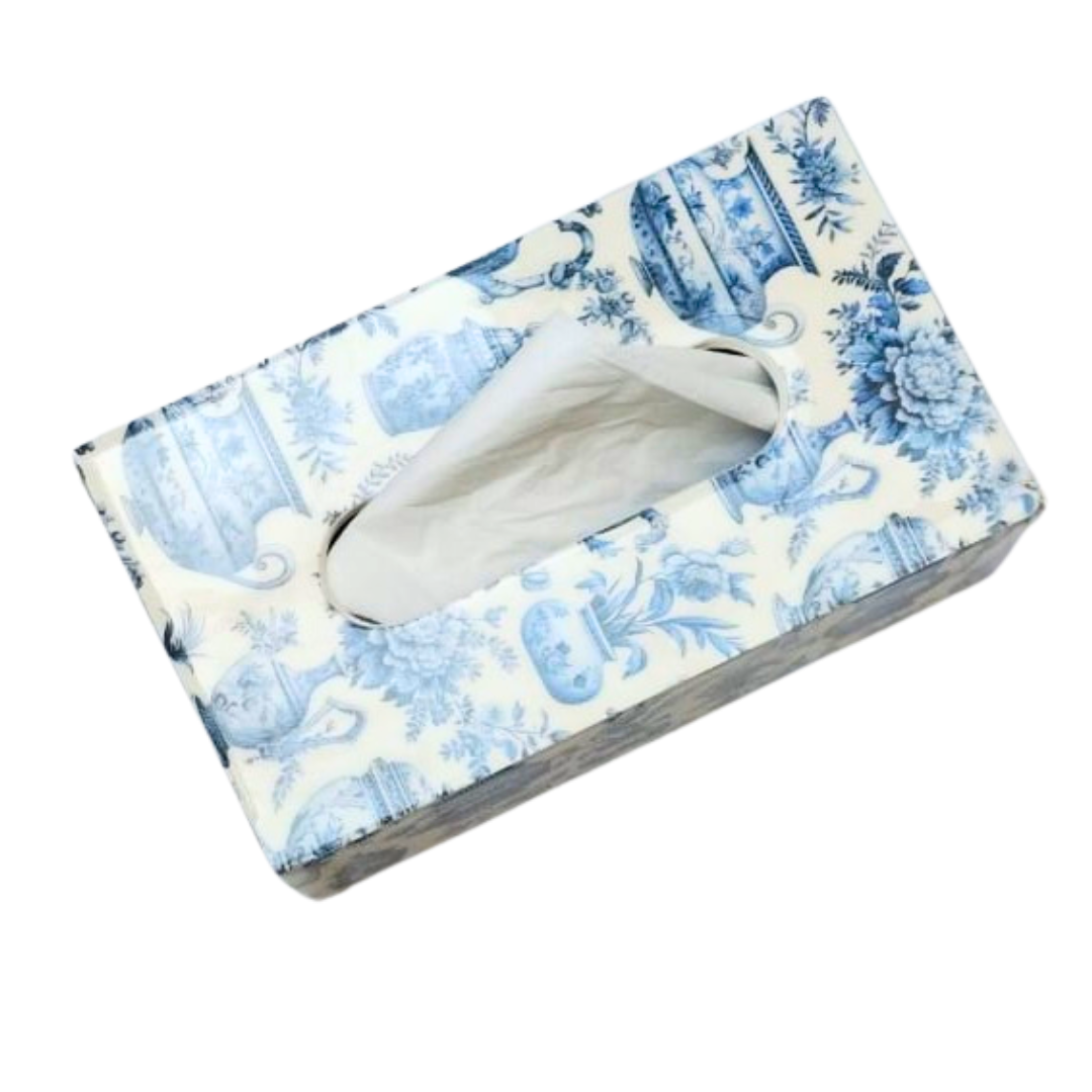 Vintage Blue Floral Tissue Box Holder | Elegant Ceramic-Inspired Print Tissue Case