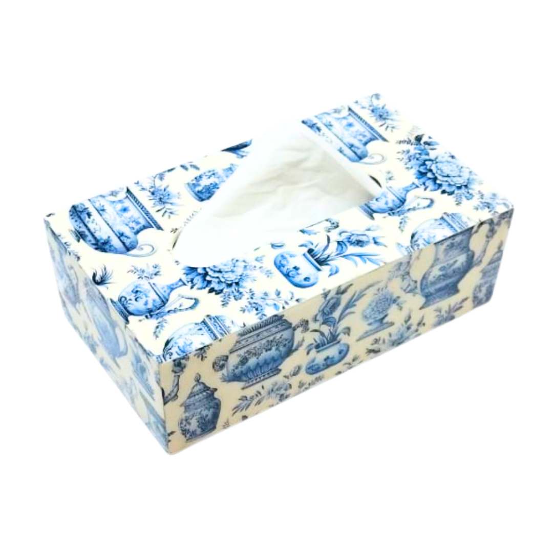Vintage Blue Floral Tissue Box Holder | Elegant Ceramic-Inspired Print Tissue Case