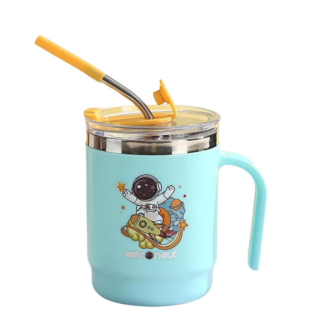 Kids Stainless Steel Insulated Mug with Straw Lid & Handle | Cute Astronaut Design | Spill-Resistant Travel Cup