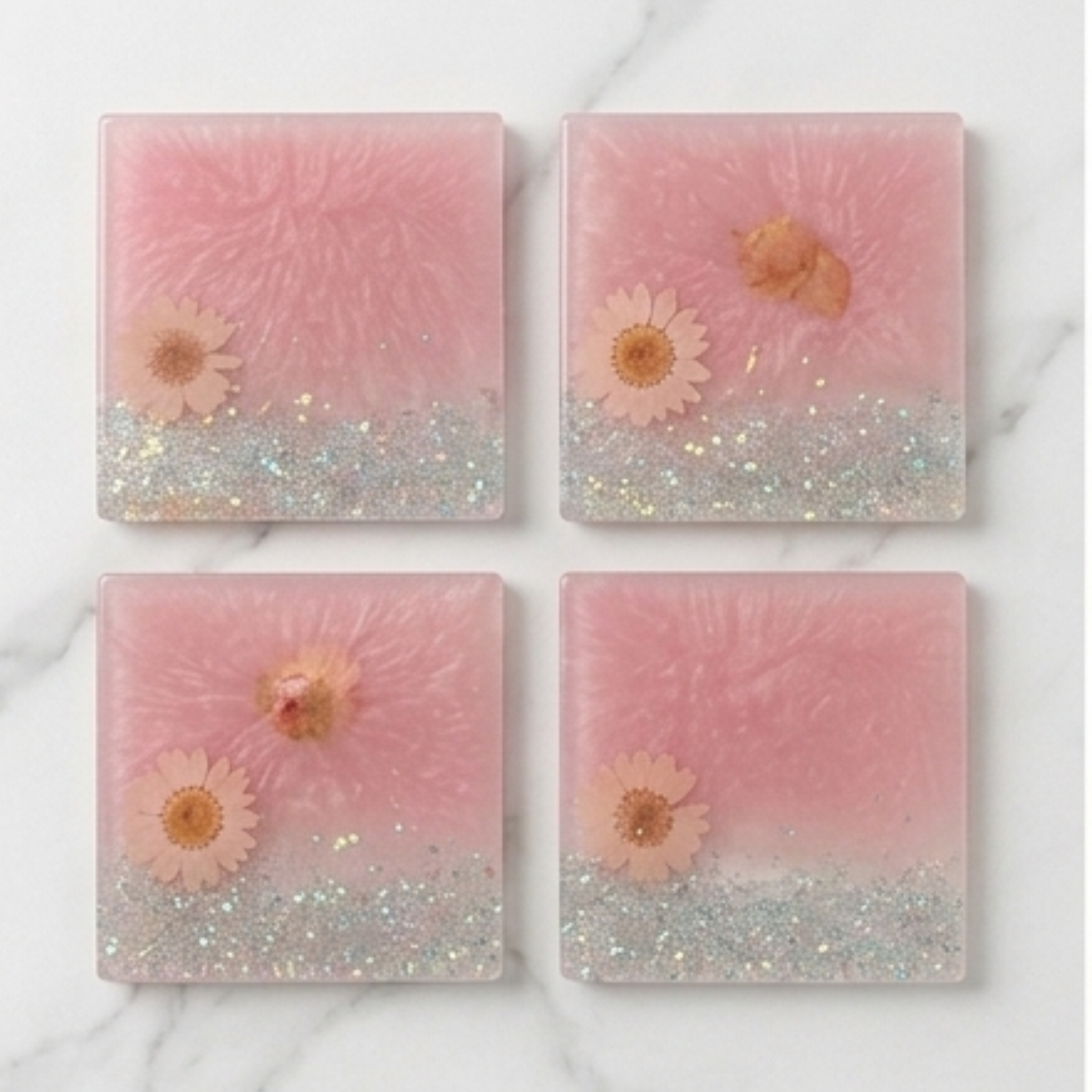 Handmade Pink Resin Botanical Coasters with Iridescent Glitter Gradient & Preserved Daisy Flowers – Set of 4 Luxury Drink Coasters
