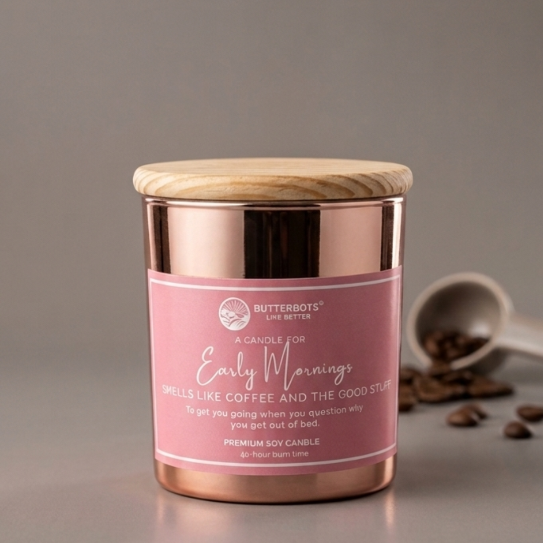 Luxury Coffee Scented Soy Candle – Early Mornings | 40 Hour Burn | Premium Rose Gold Jar with Wooden Lid