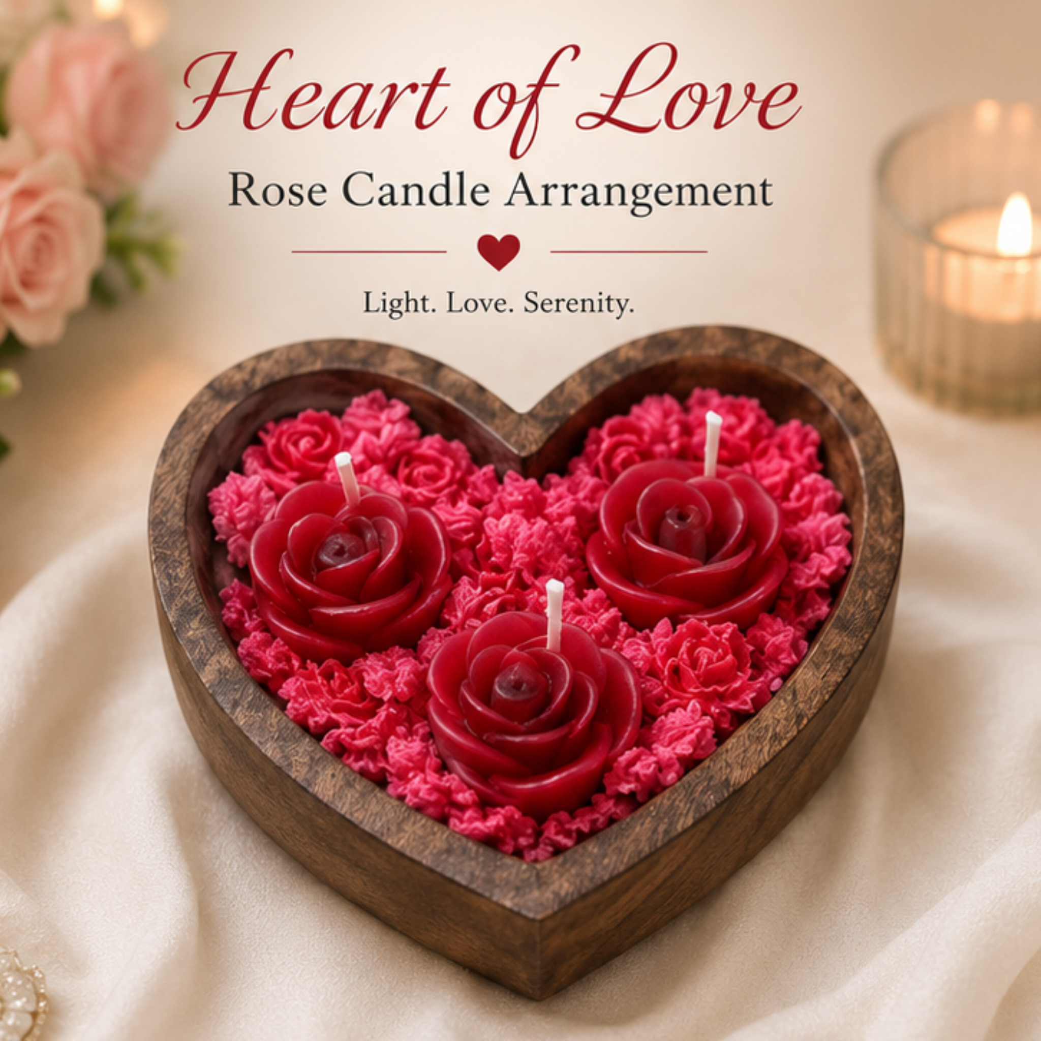 Handcrafted Heart-Shaped Rose Candle Arrangement in Wooden Bowl | Romantic Decorative Candle Set | Valentine's Day Gift
