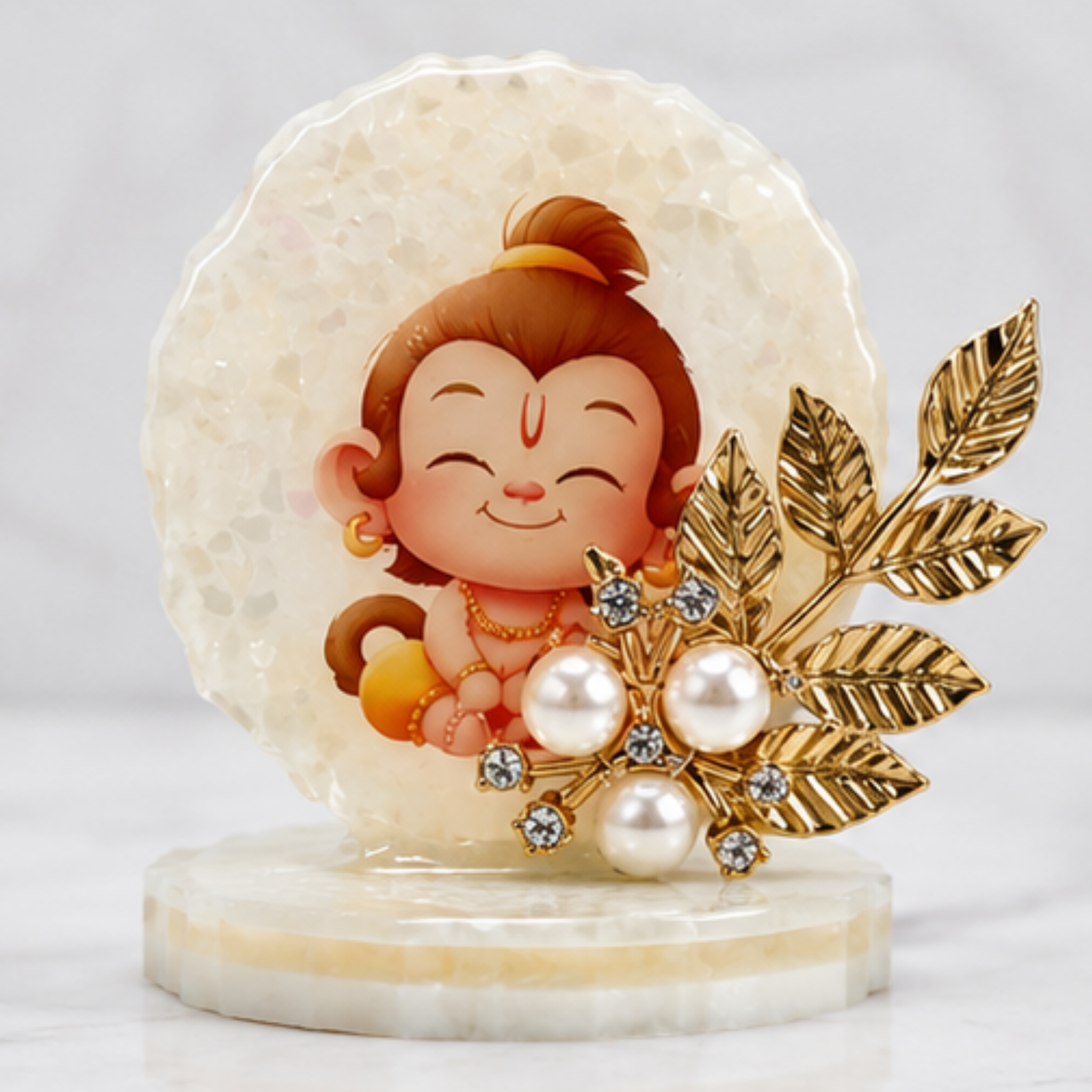 Handmade Resin Baby Hanuman Decorative Idol | Premium Spiritual Desk & dashboard Décor  | Resin Art Showpiece with Pearl & Gold Leaf Embellishments