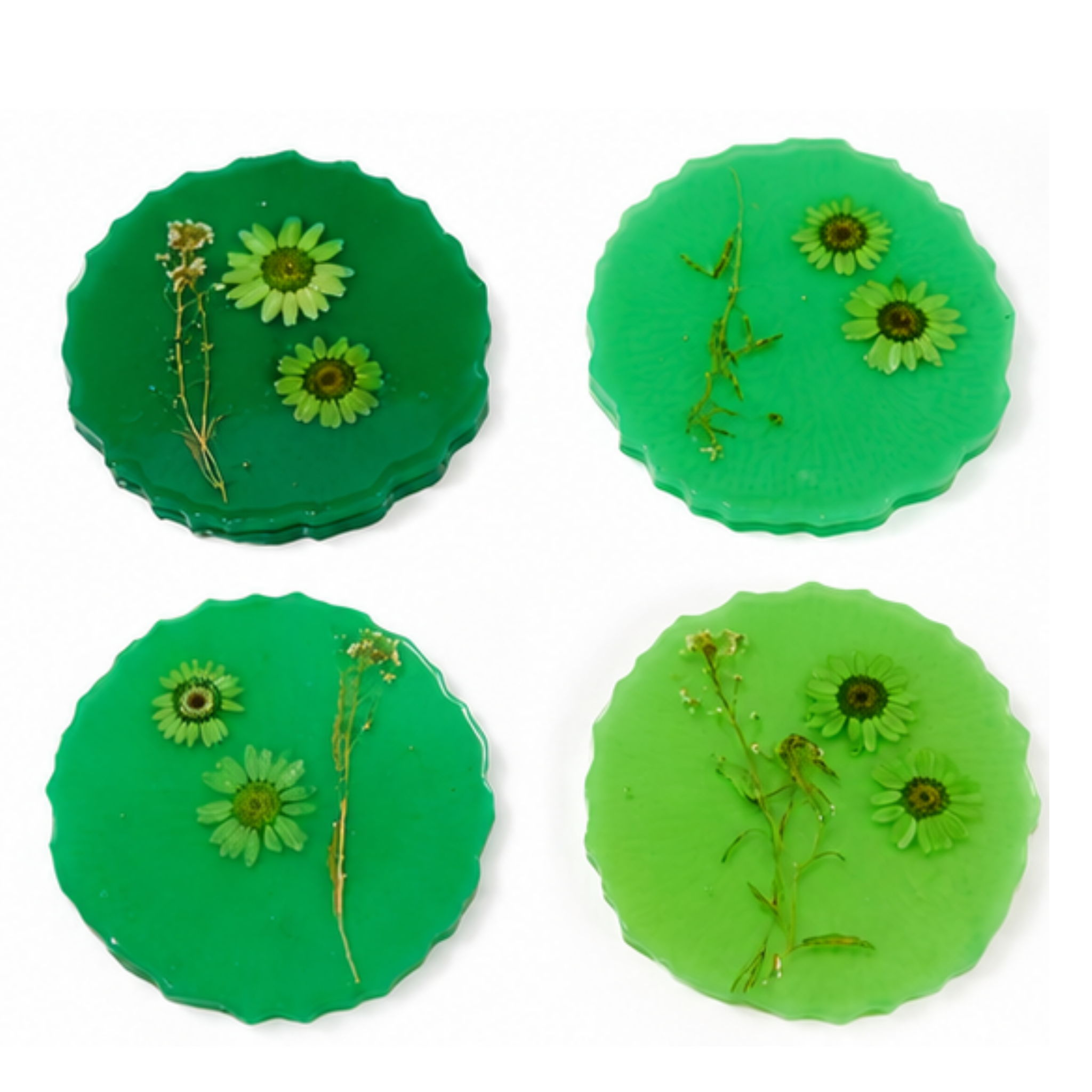 Handmade Pressed Flower Resin Coaster Set of 4 | Green Botanical Coasters | Floral Drink Coasters | Nature-Inspired Home Décor Gift