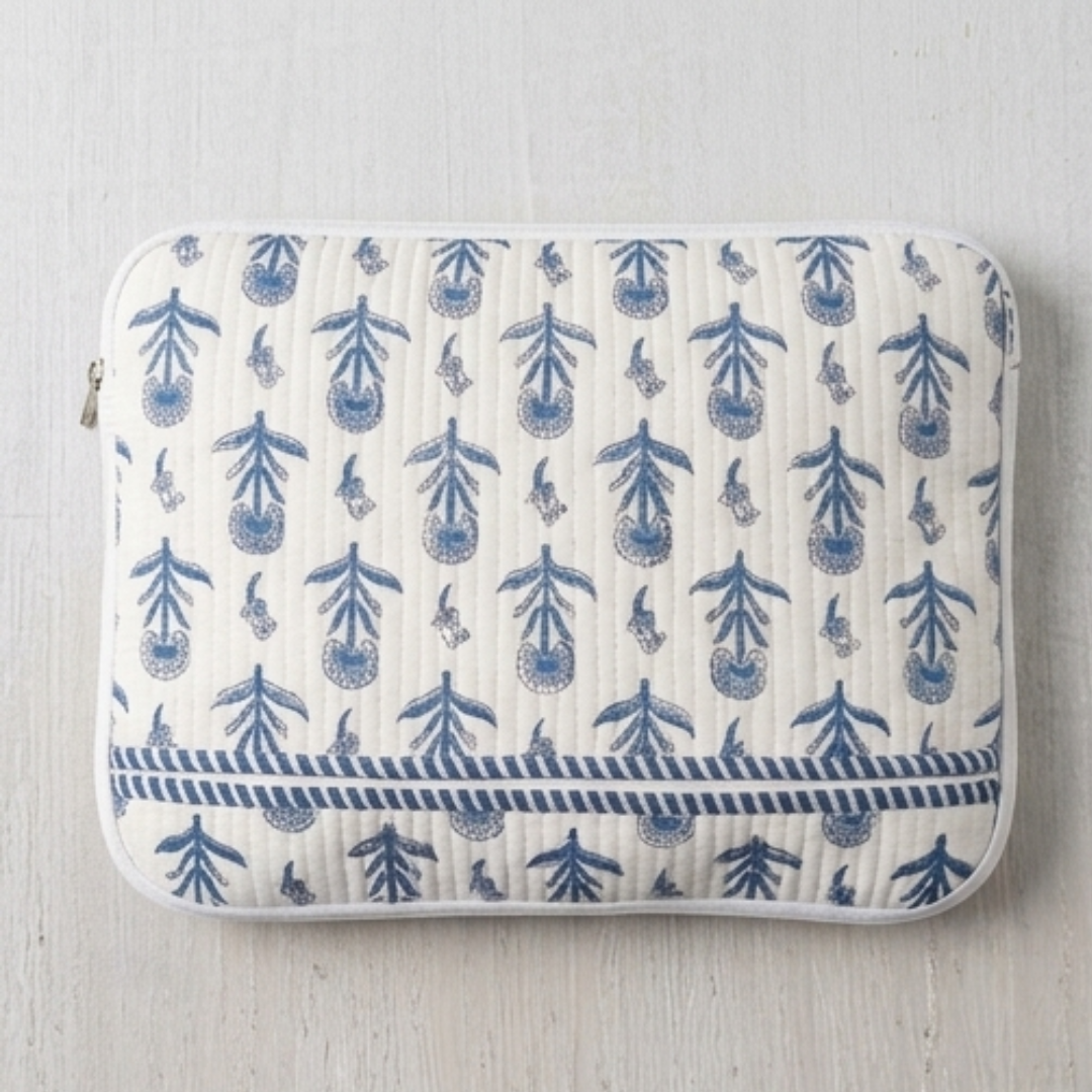 Quilted Cotton Zipper Laptop bag  – Blue Floral Print Multipurpose Organizer Case