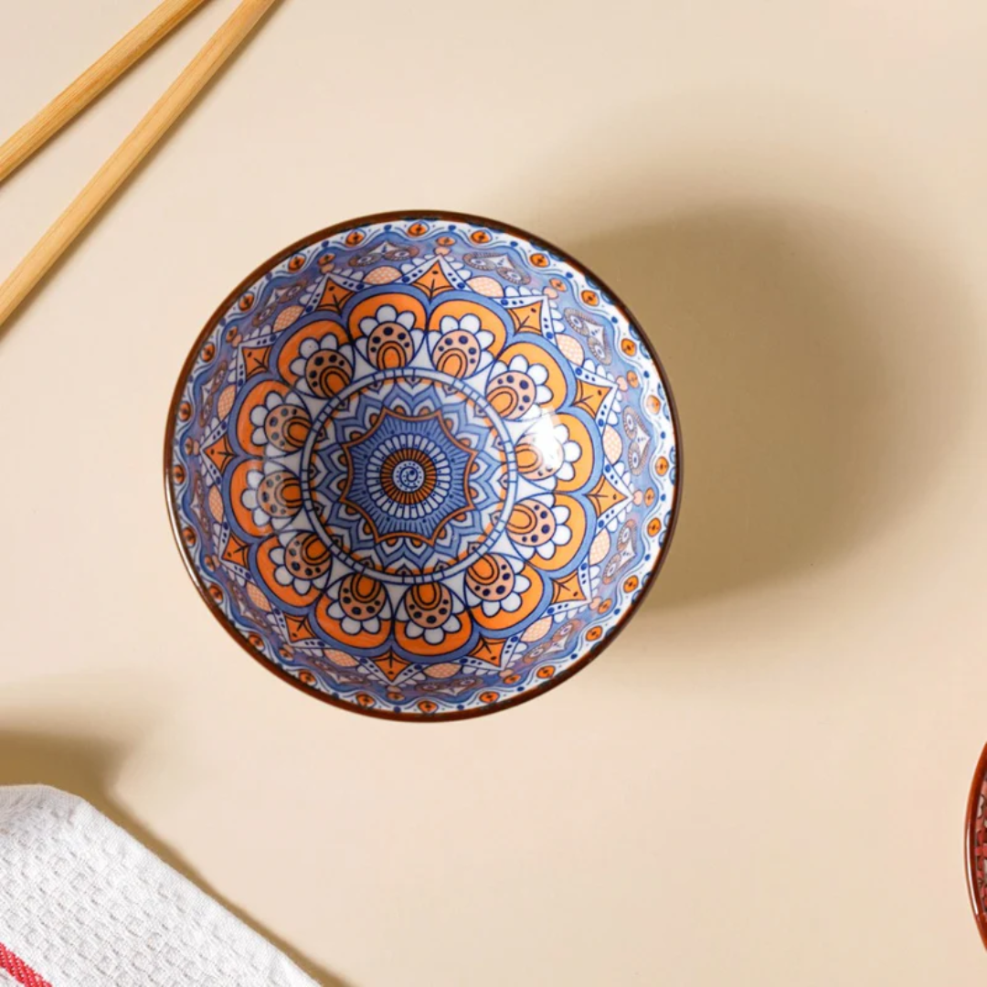 Handcrafted Ceramic Serving Bowls Set of 4 | Blue & Orange Mandala Design | Microwave & Dishwasher Safe