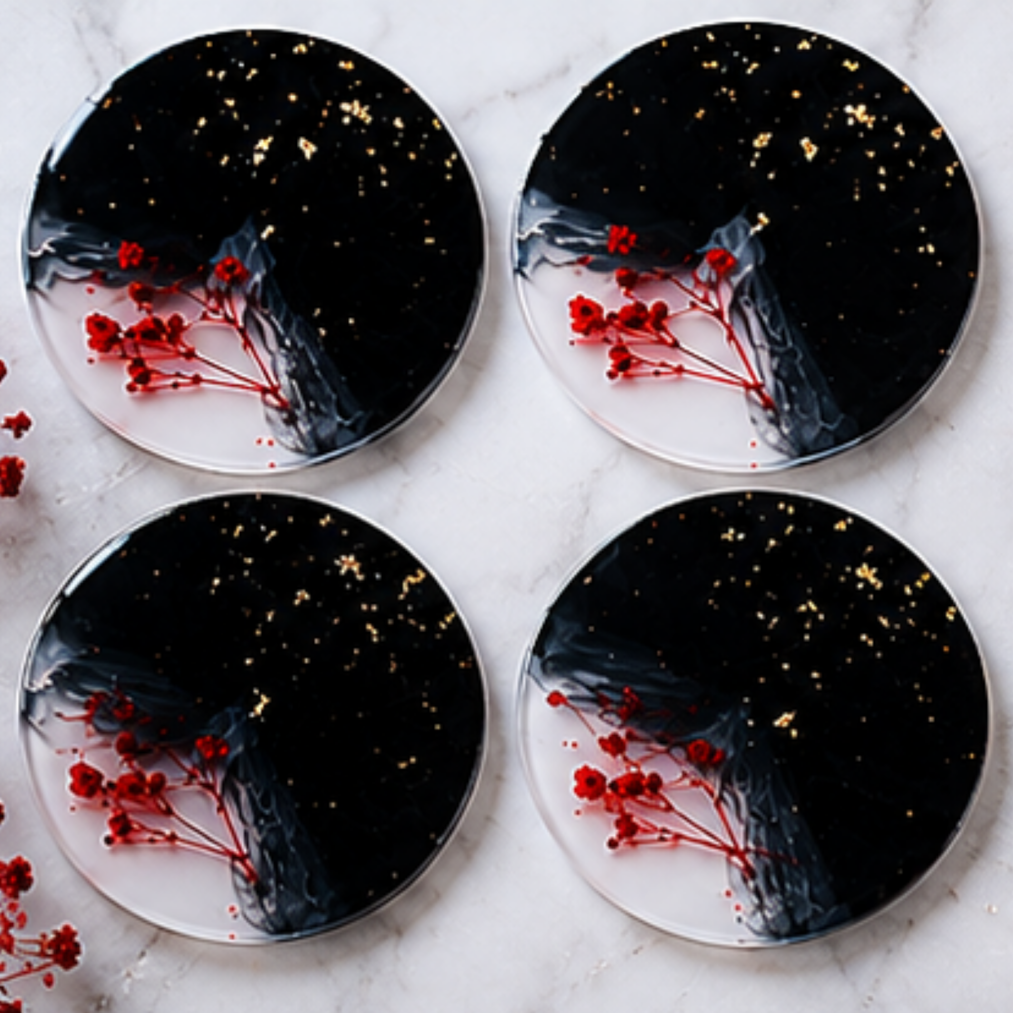 Handmade Resin Coaster Set of 4 | Black & White Abstract Coasters with Red Floral Design & Gold Foil Accents