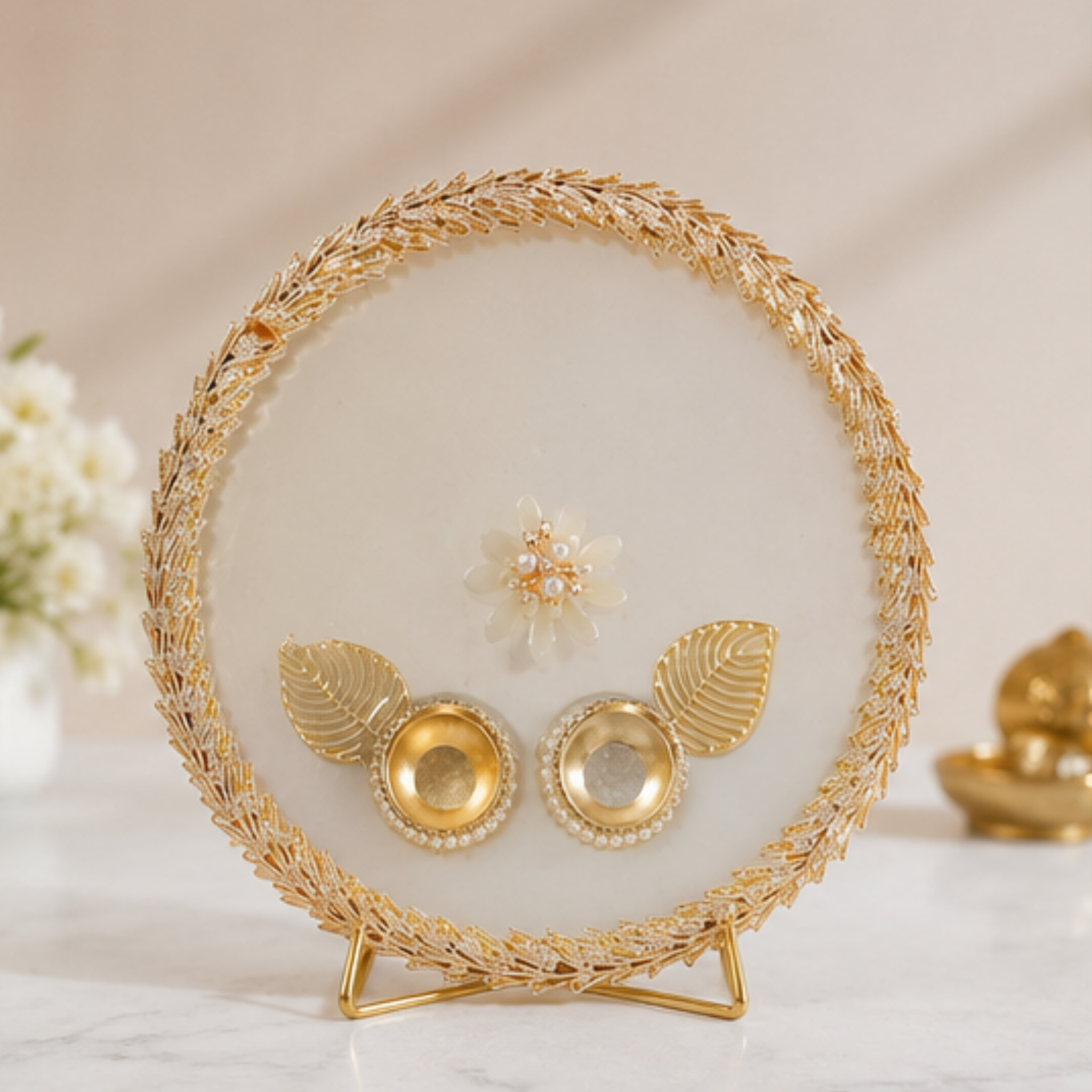 Luxury Handmade Decorative Pooja Thali with Dual Diya Holders – Elegant Gold & Pearl Finish