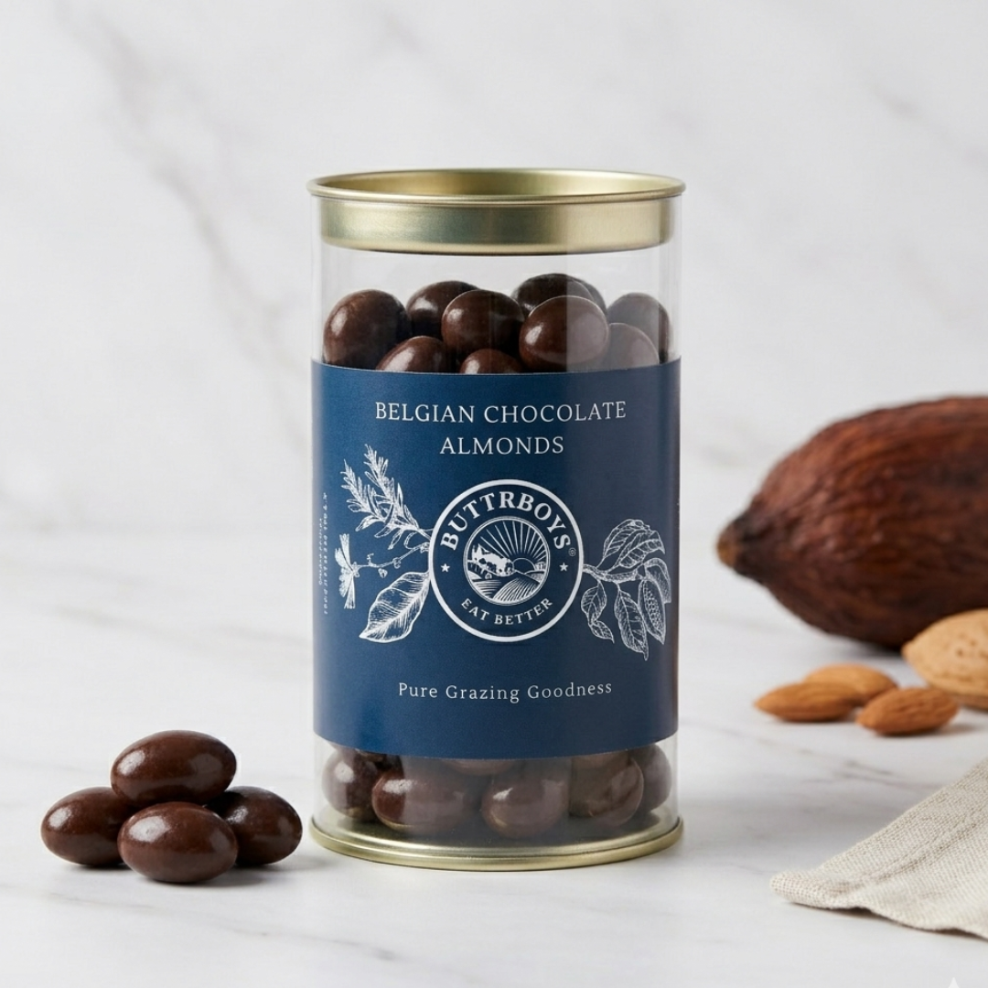 Belgian Chocolate Almonds | Premium Gourmet Coated Almonds | ButtrBoys Healthy Snacking Jar