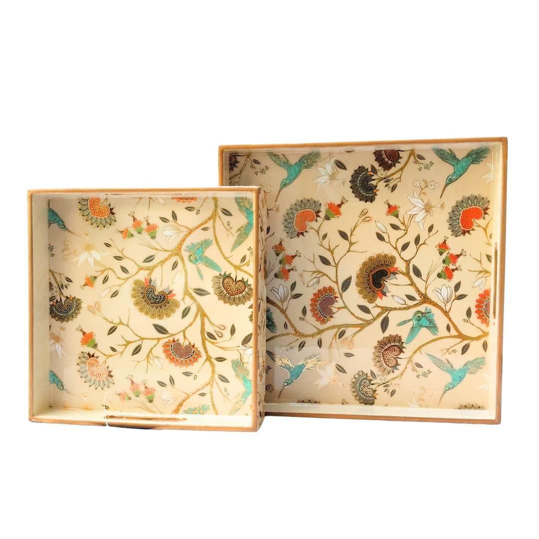Set of 2 Decorative Wooden Serving Trays with Floral Bird Print | Square Multipurpose Trays