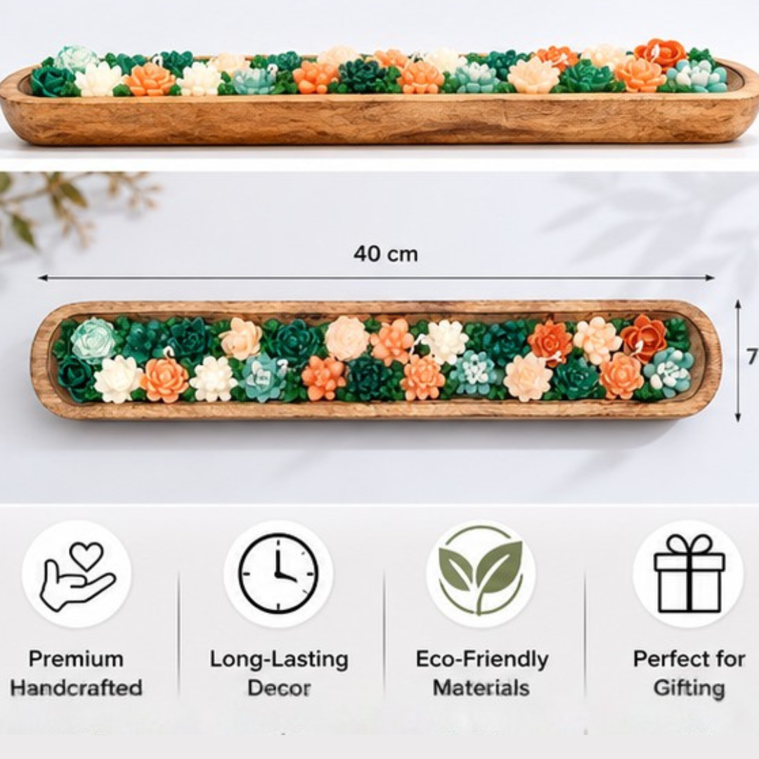 Handcrafted Boat Candle with Floral Wax Design | Long Wooden Tray Decorative Candle | Luxury Home Décor