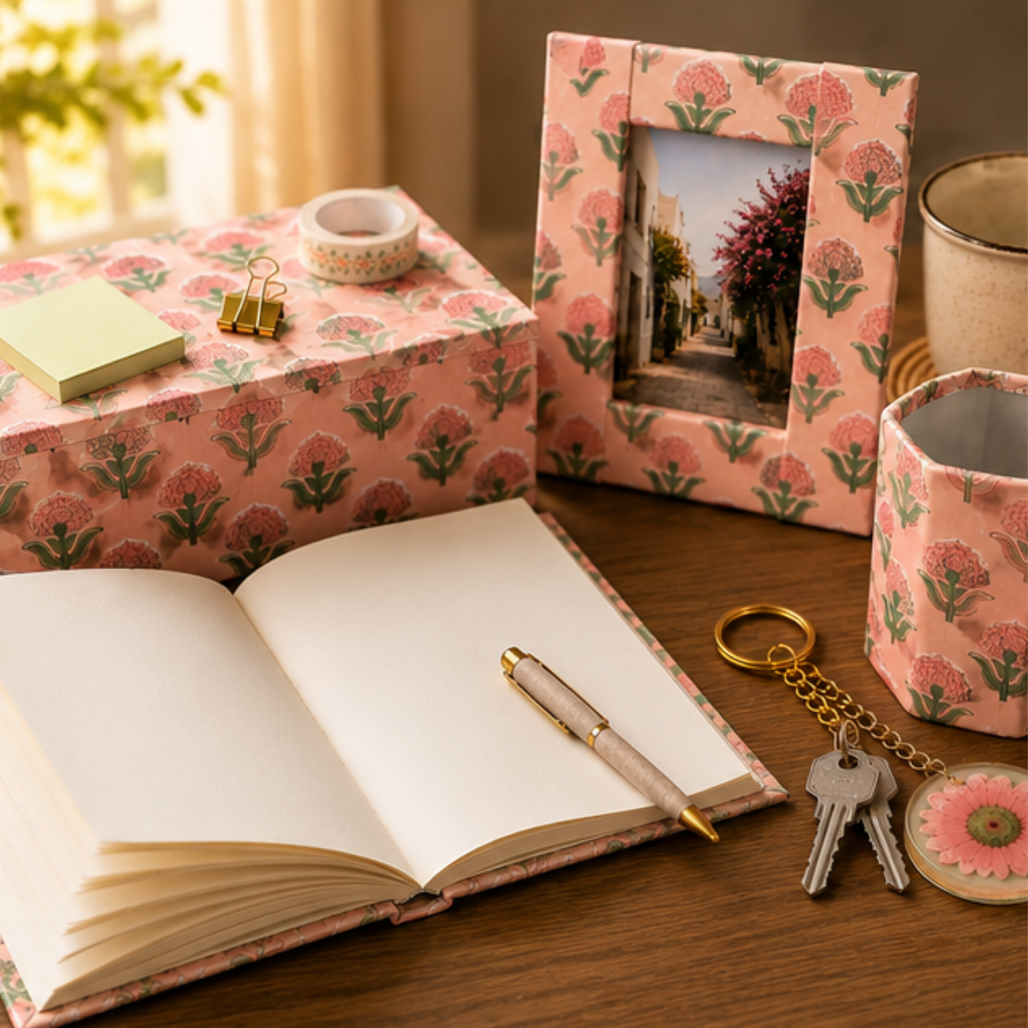 Handmade Floral Desk Essentials Gift Set | Storage Box, Notebook, Photo Frame, Pen Holder & Keychain | Desk Organizer Gift Set