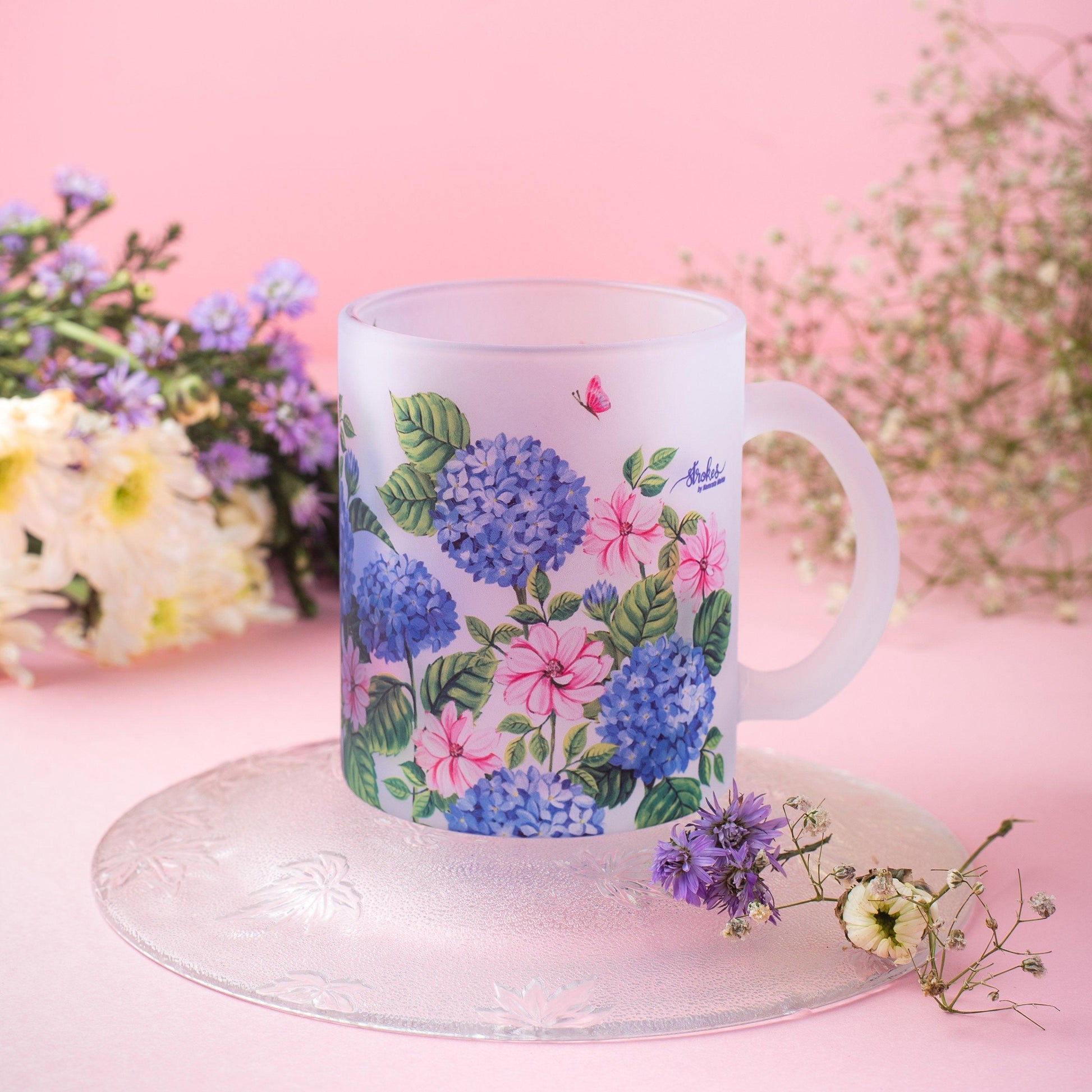 Hydrangea Frosted Glass Mug