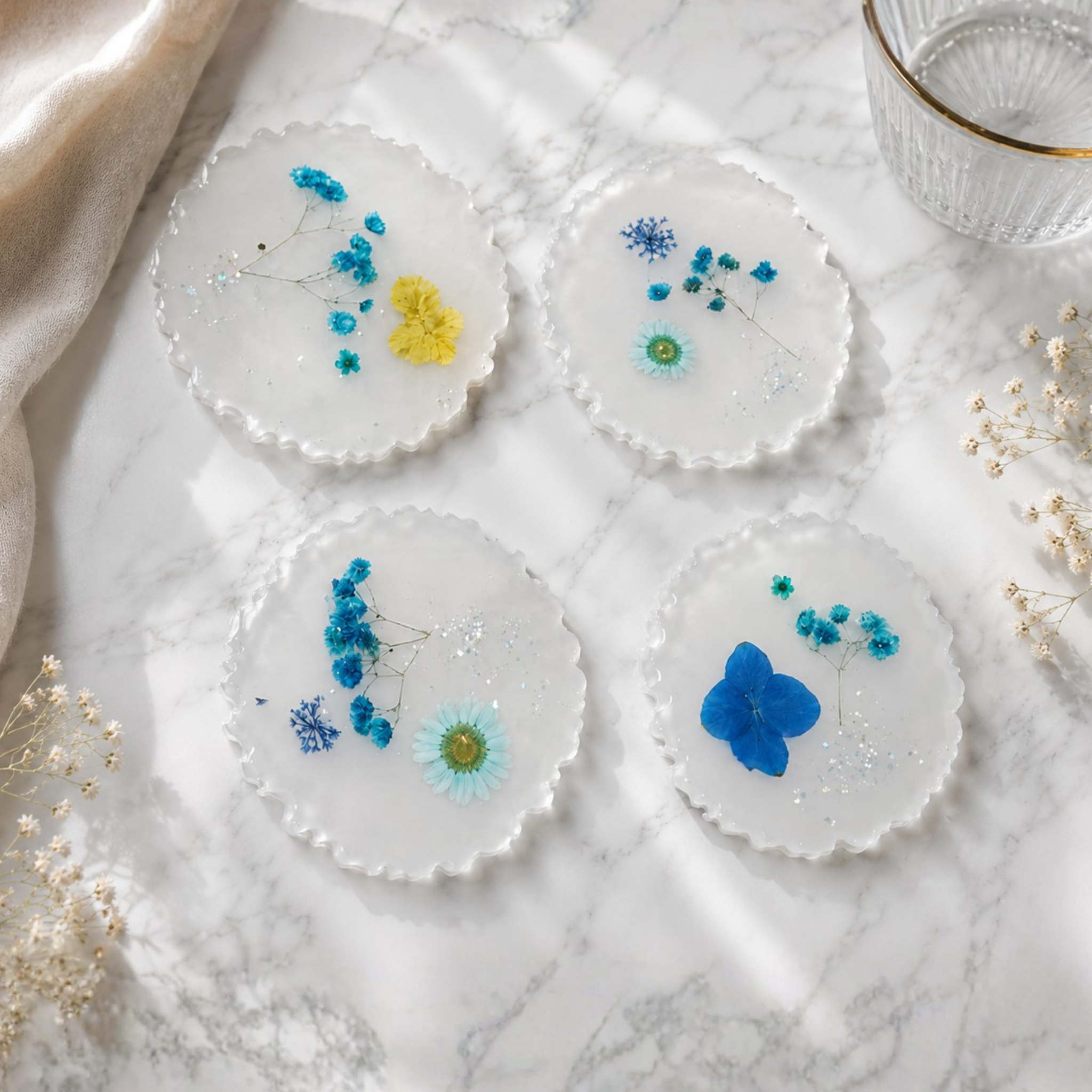 Elegant Pressed Flower & White Resin Coaster Set (4-Piece)