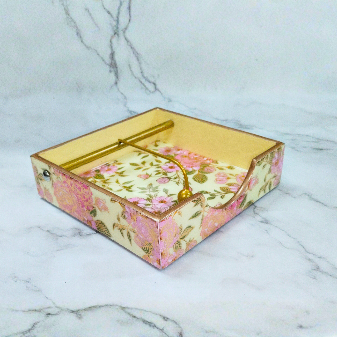 Elegant Pink Floral Napkin Holder with Gold Rod | Decorative Tissue Stand for Dining Table