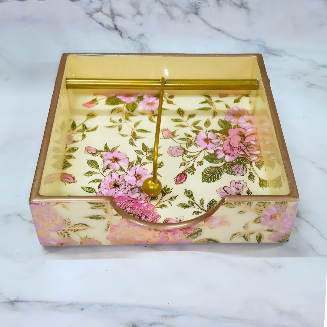Elegant Pink Floral Napkin Holder with Gold Rod | Decorative Tissue Stand for Dining Table