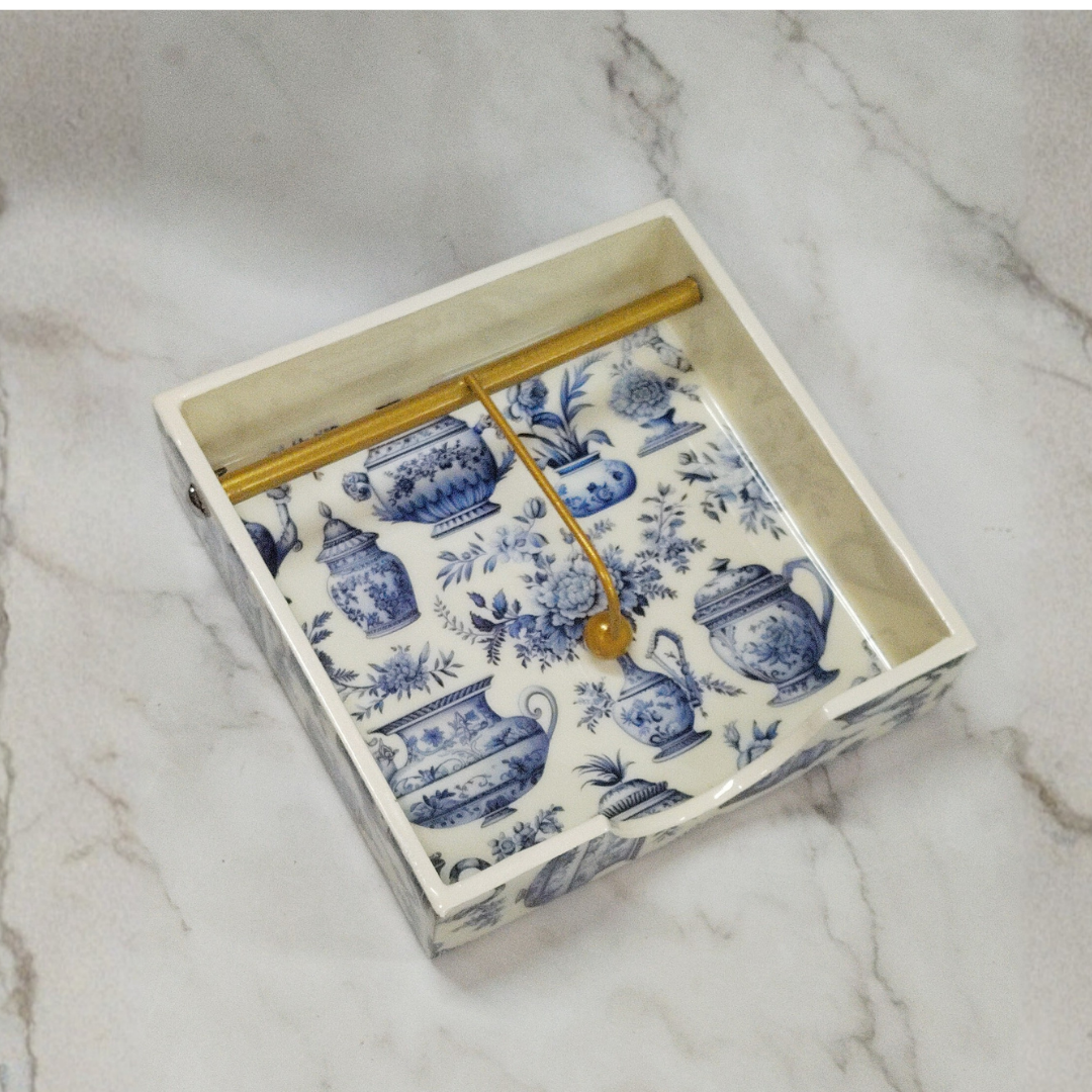 Elegant Blue Floral Ceramic Napkin Holder with Gold Rod | Tissue Dispenser Tray for Dining Table