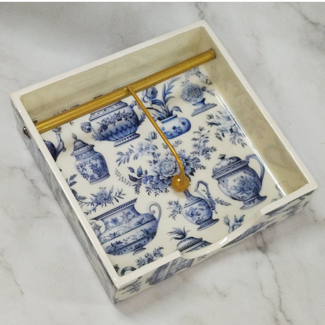 Elegant Blue Floral Ceramic Napkin Holder with Gold Rod | Tissue Dispenser Tray for Dining Table
