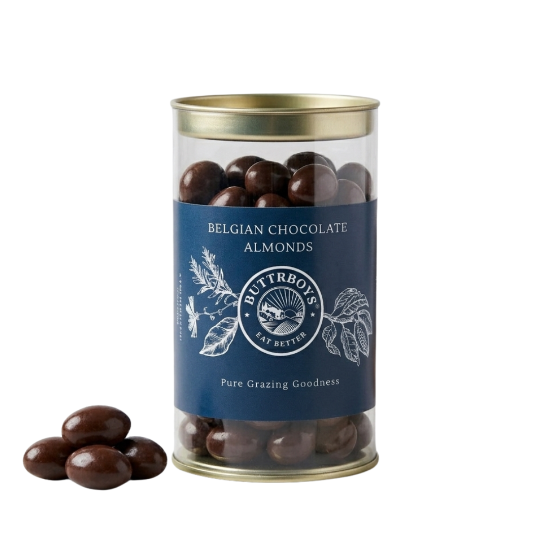 Belgian Chocolate Almonds | Premium Gourmet Coated Almonds | ButtrBoys Healthy Snacking Jar