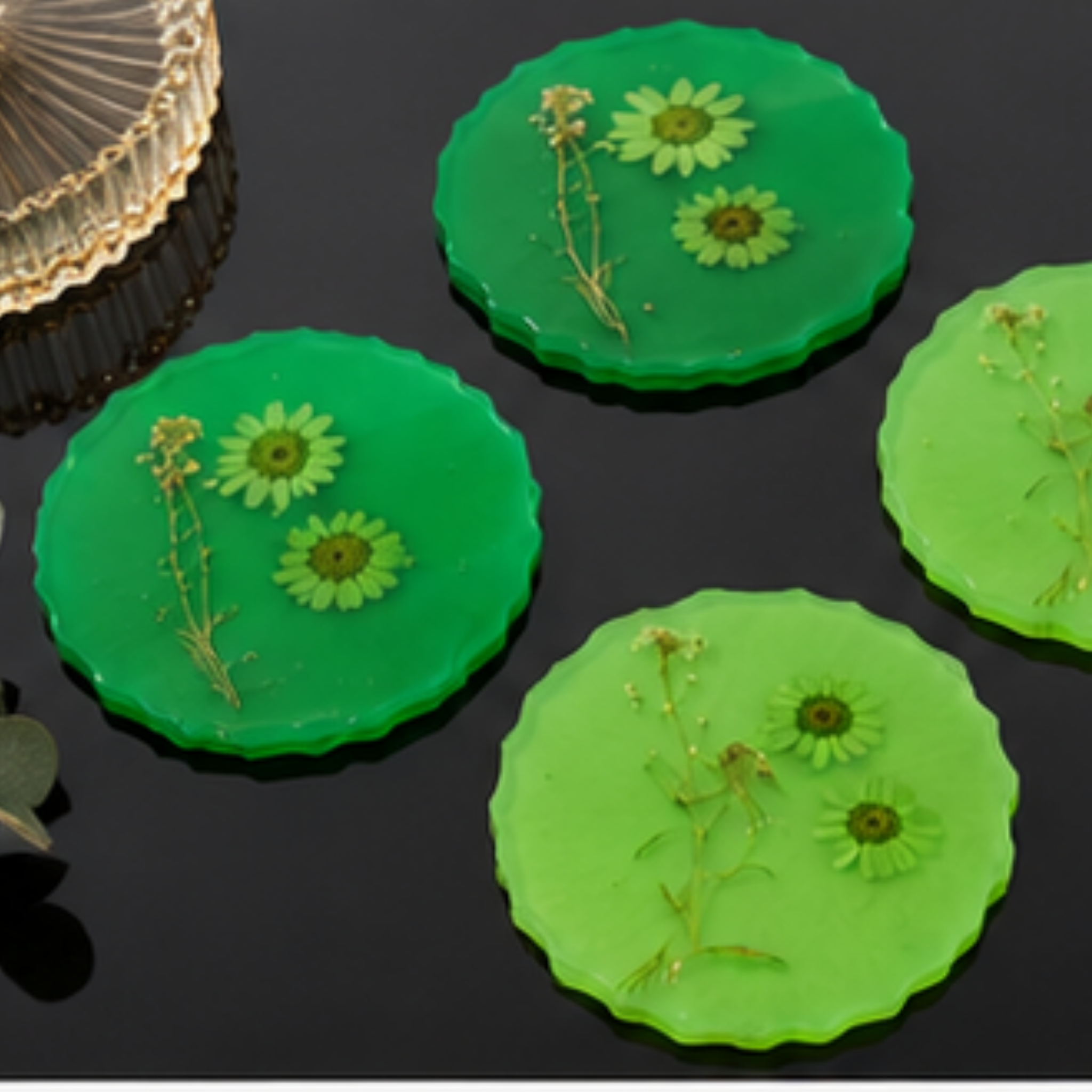 Handmade Pressed Flower Resin Coaster Set of 4 | Green Botanical Coasters | Floral Drink Coasters | Nature-Inspired Home Décor Gift