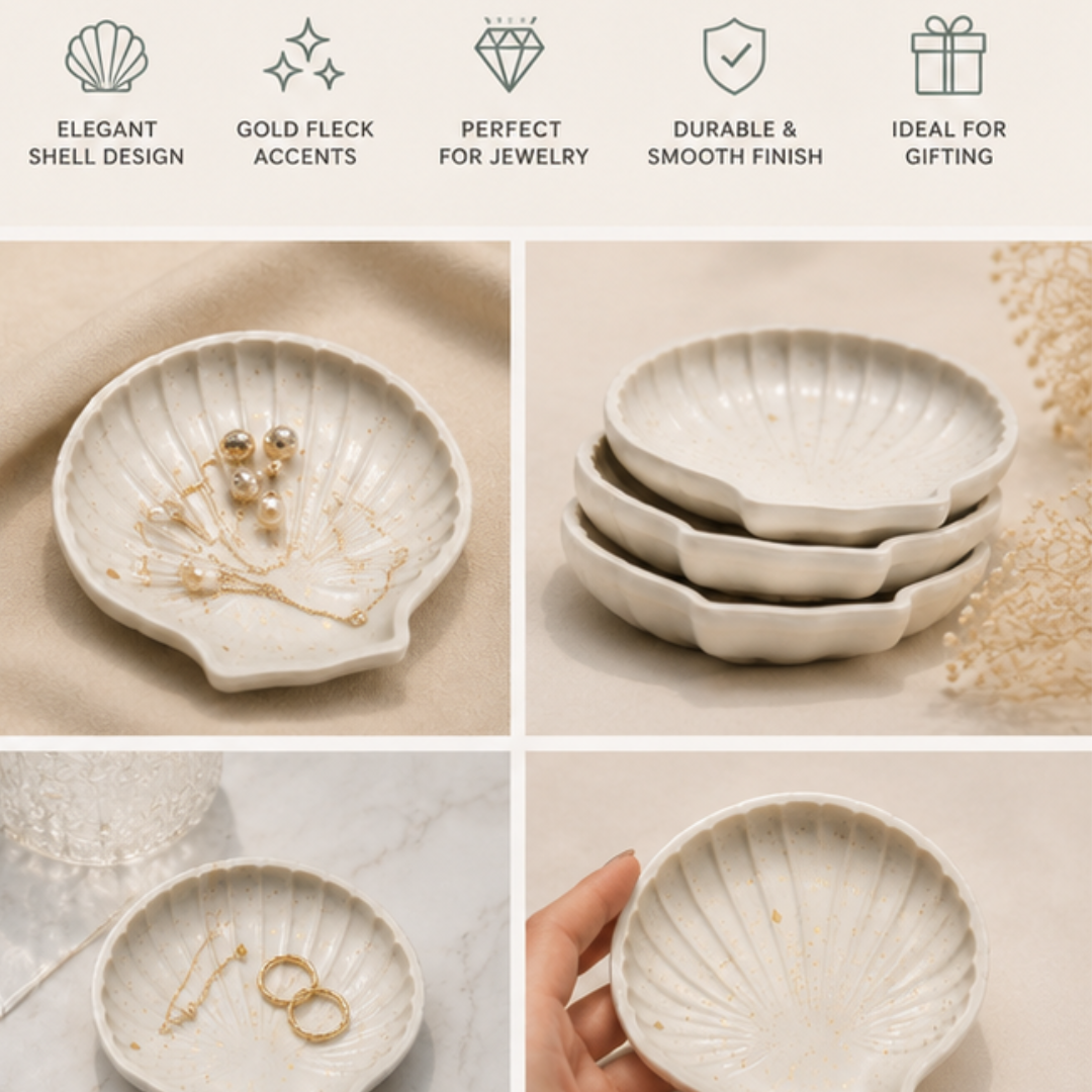 Set of 3 Seashell Trinket Trays | Handmade Decorative Jewelry Holder | Coastal Style Ring Dish