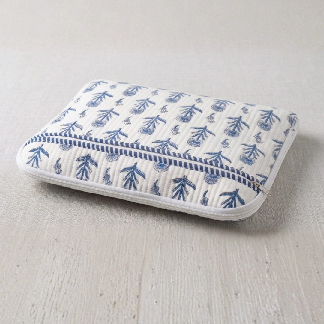 Quilted Cotton Zipper Laptop bag  – Blue Floral Print Multipurpose Organizer Case