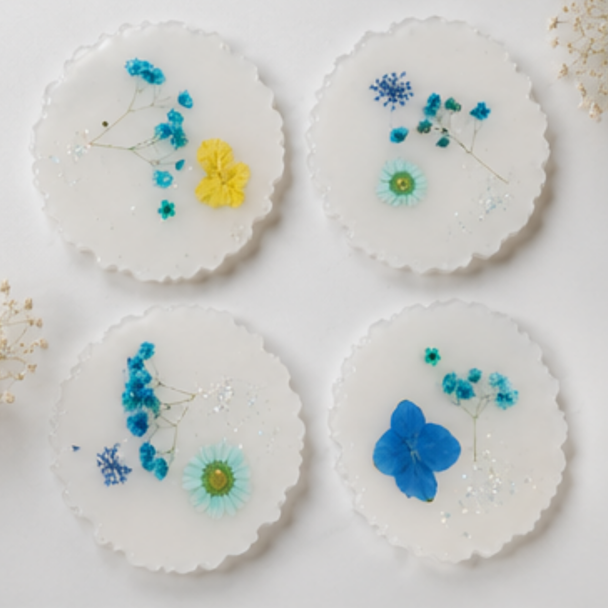 Elegant Pressed Flower & White Resin Coaster Set (4-Piece)