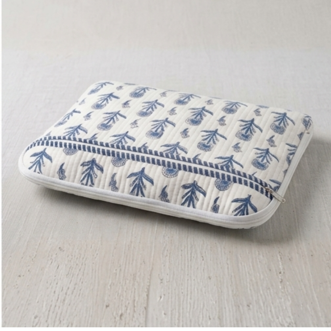Quilted Cotton Zipper Laptop bag  – Blue Floral Print Multipurpose Organizer Case