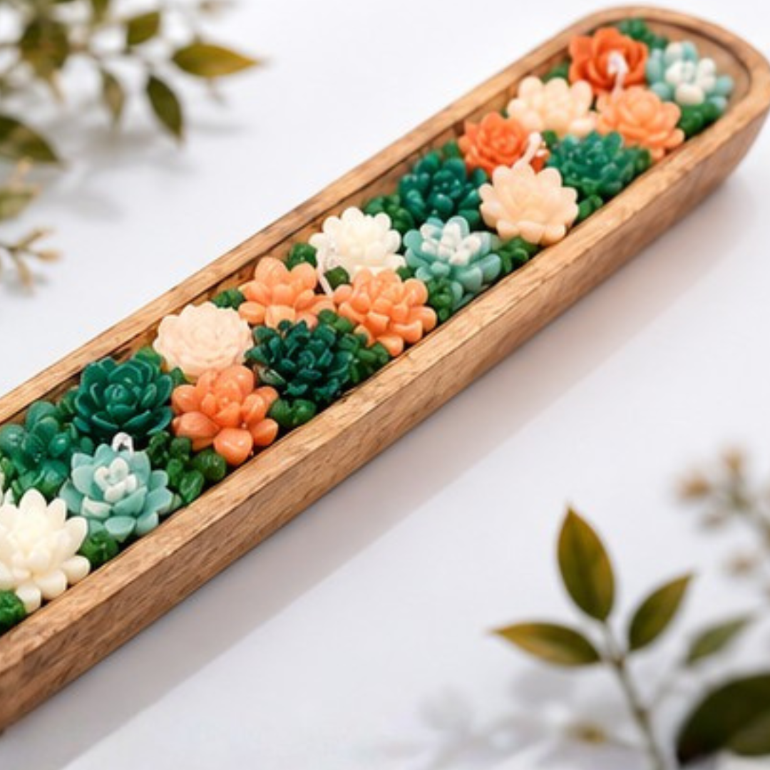 Handcrafted Boat Candle with Floral Wax Design | Long Wooden Tray Decorative Candle | Luxury Home Décor