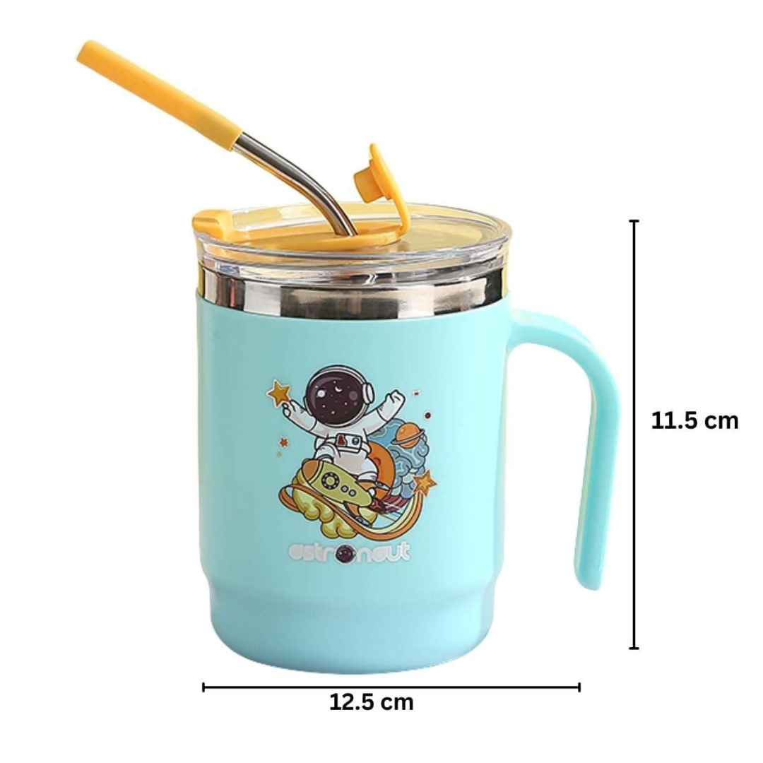 Kids Stainless Steel Insulated Mug with Straw Lid & Handle | Cute Astronaut Design | Spill-Resistant Travel Cup