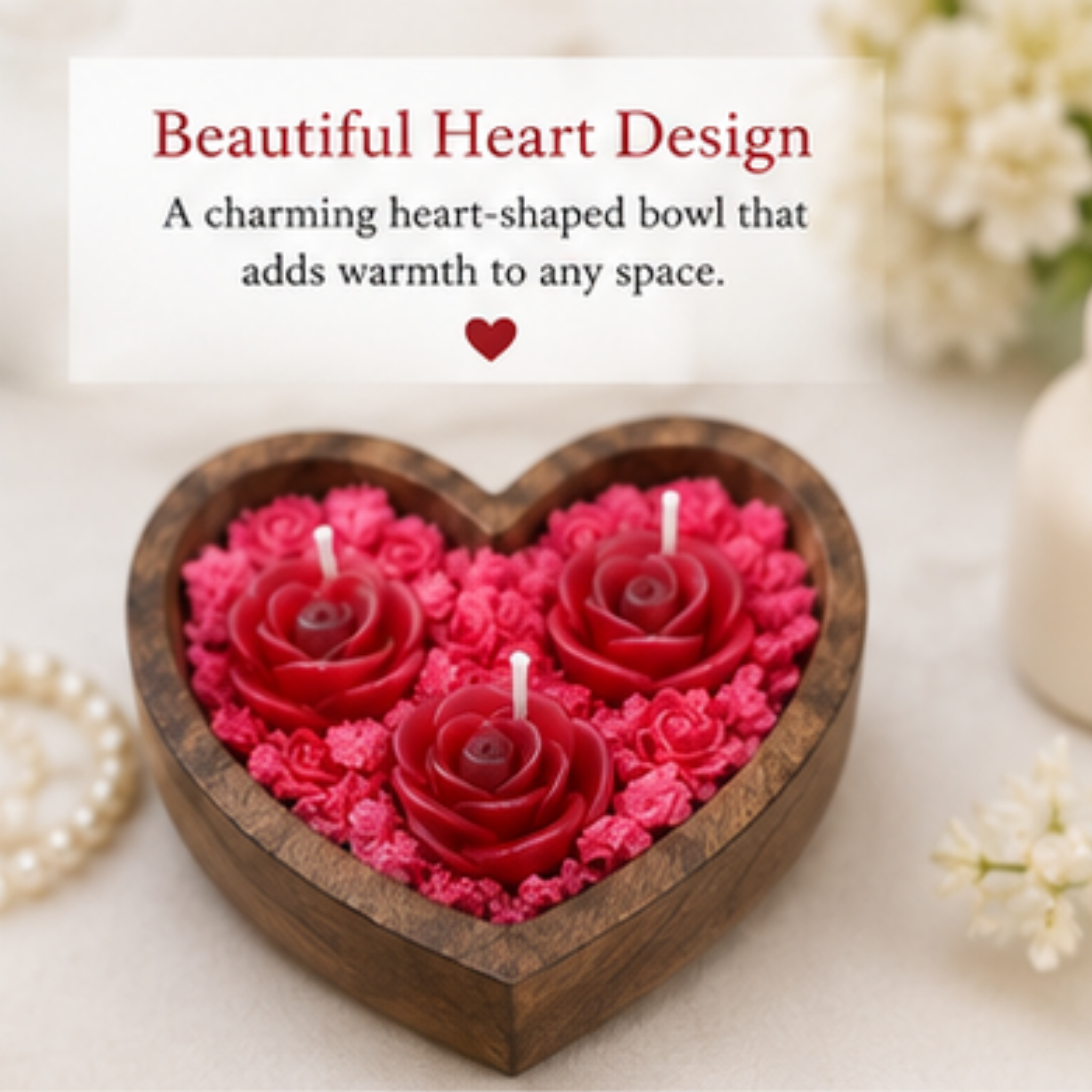 Handcrafted Heart-Shaped Rose Candle Arrangement in Wooden Bowl | Romantic Decorative Candle Set | Valentine's Day Gift