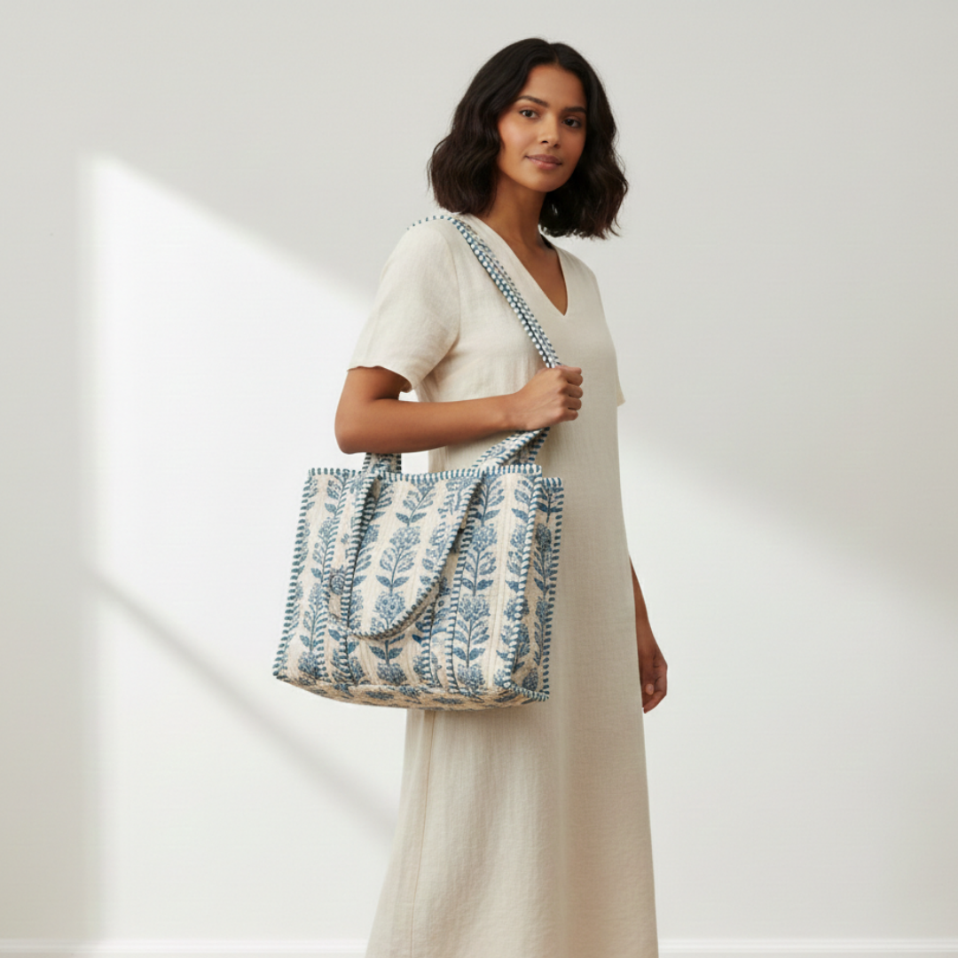 Quilted Cotton Floral Tote Bag – Elegant Everyday Carry