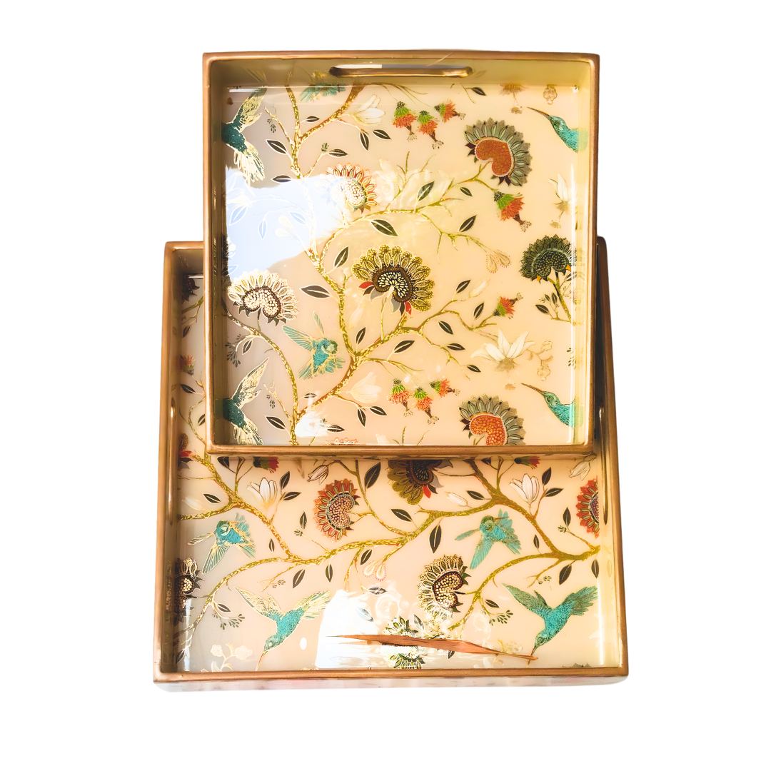 Set of 2 Decorative Wooden Serving Trays with Floral Bird Print | Square Multipurpose Trays