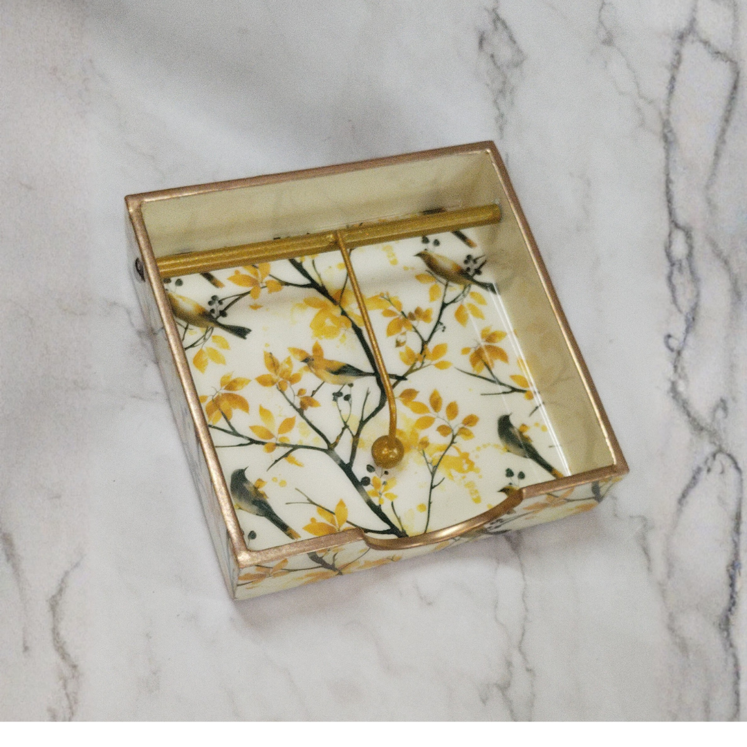 Floral Bird Print Tissue Holder with Gold Frame | Decorative Napkin Stand for Dining Table