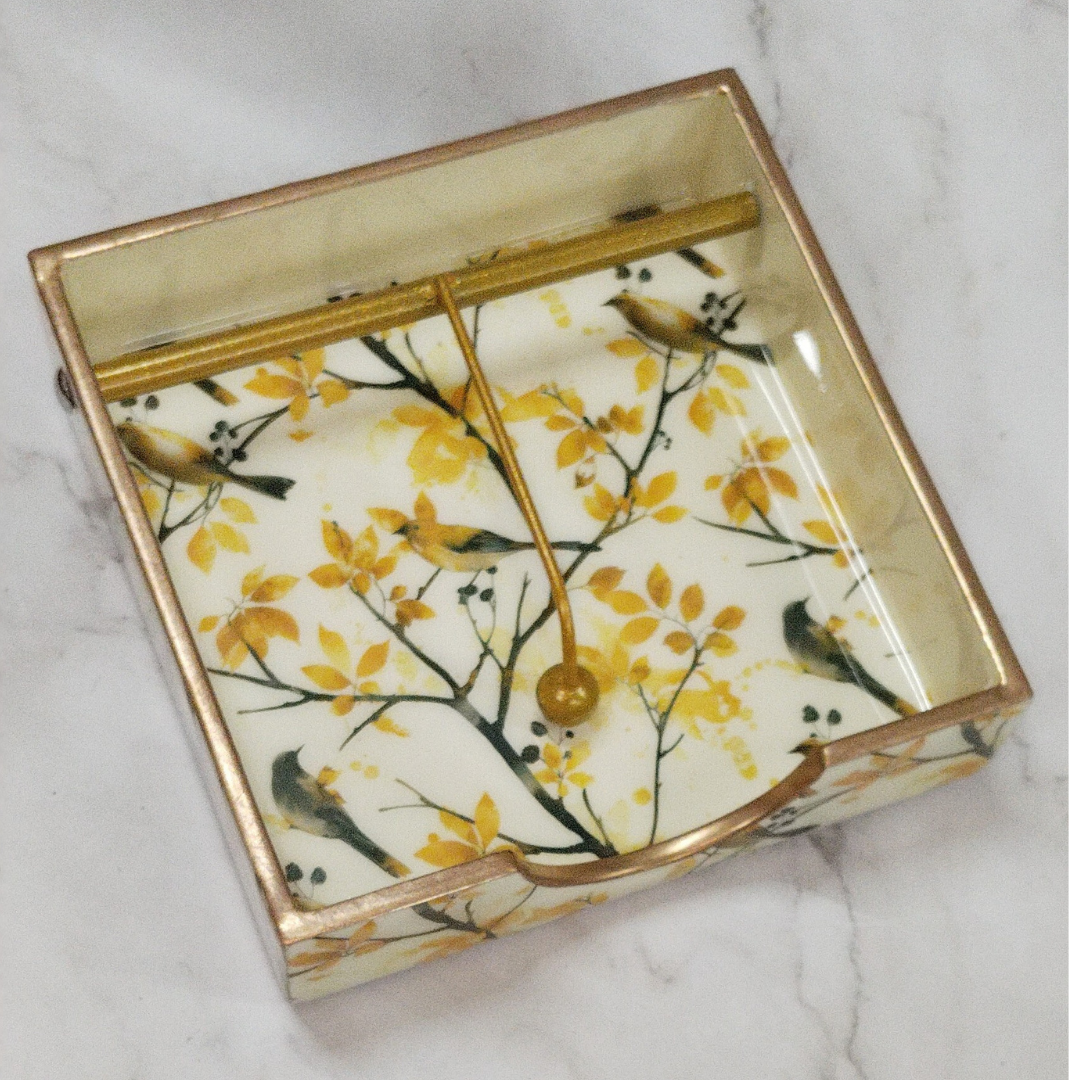 Floral Bird Print Tissue Holder with Gold Frame | Decorative Napkin Stand for Dining Table